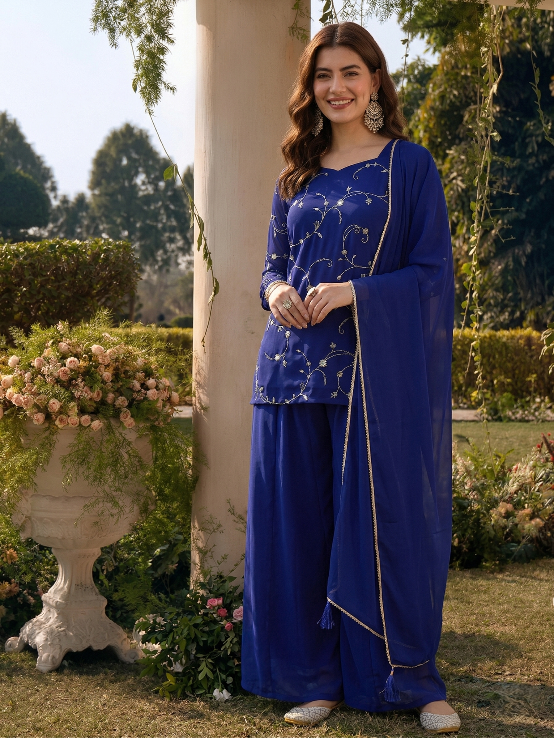 Royal Blue Embroidered Georgette Straight Suit Set With Dupatta