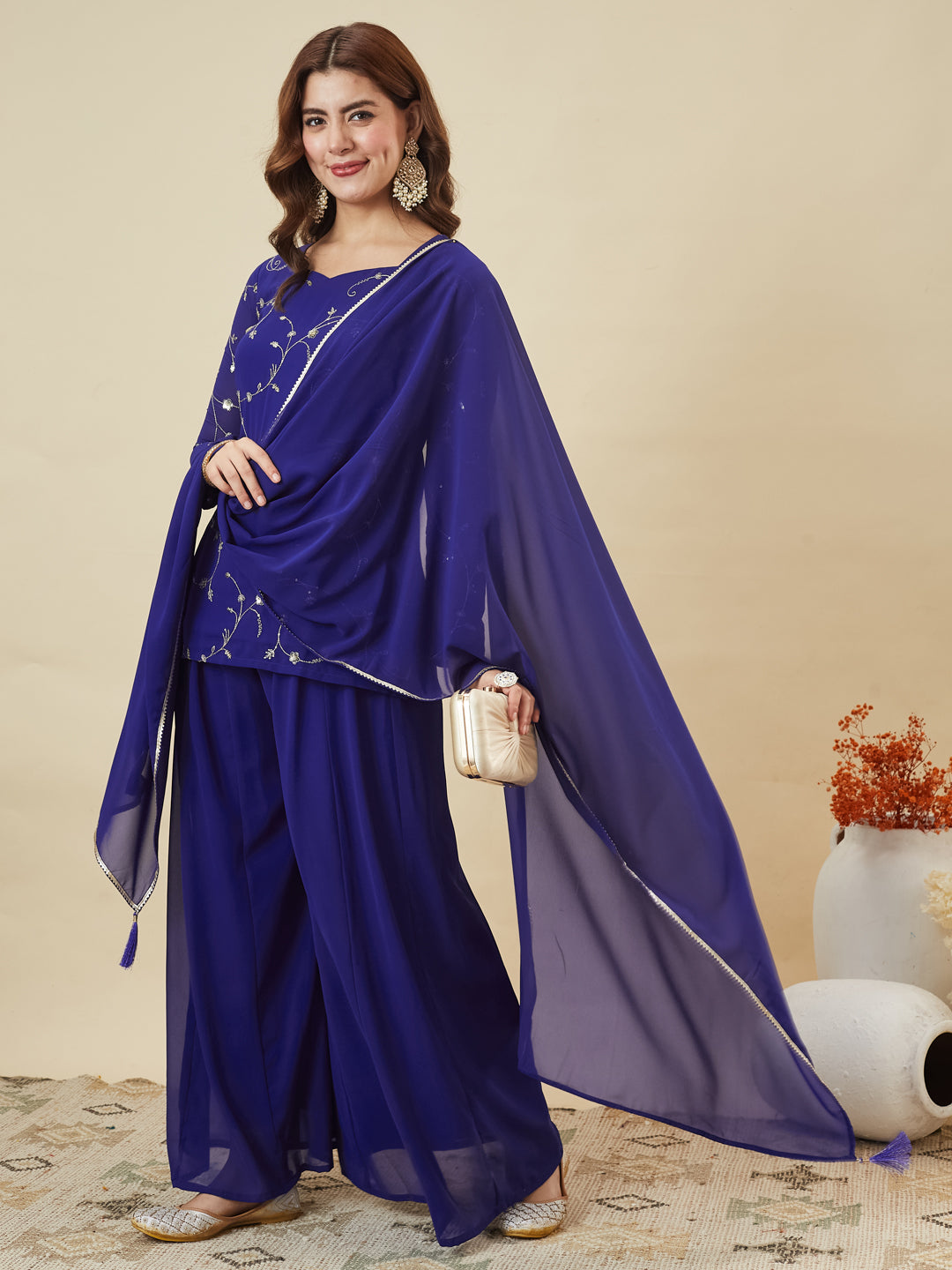 Royal Blue Embroidered Georgette Straight Suit Set With Dupatta
