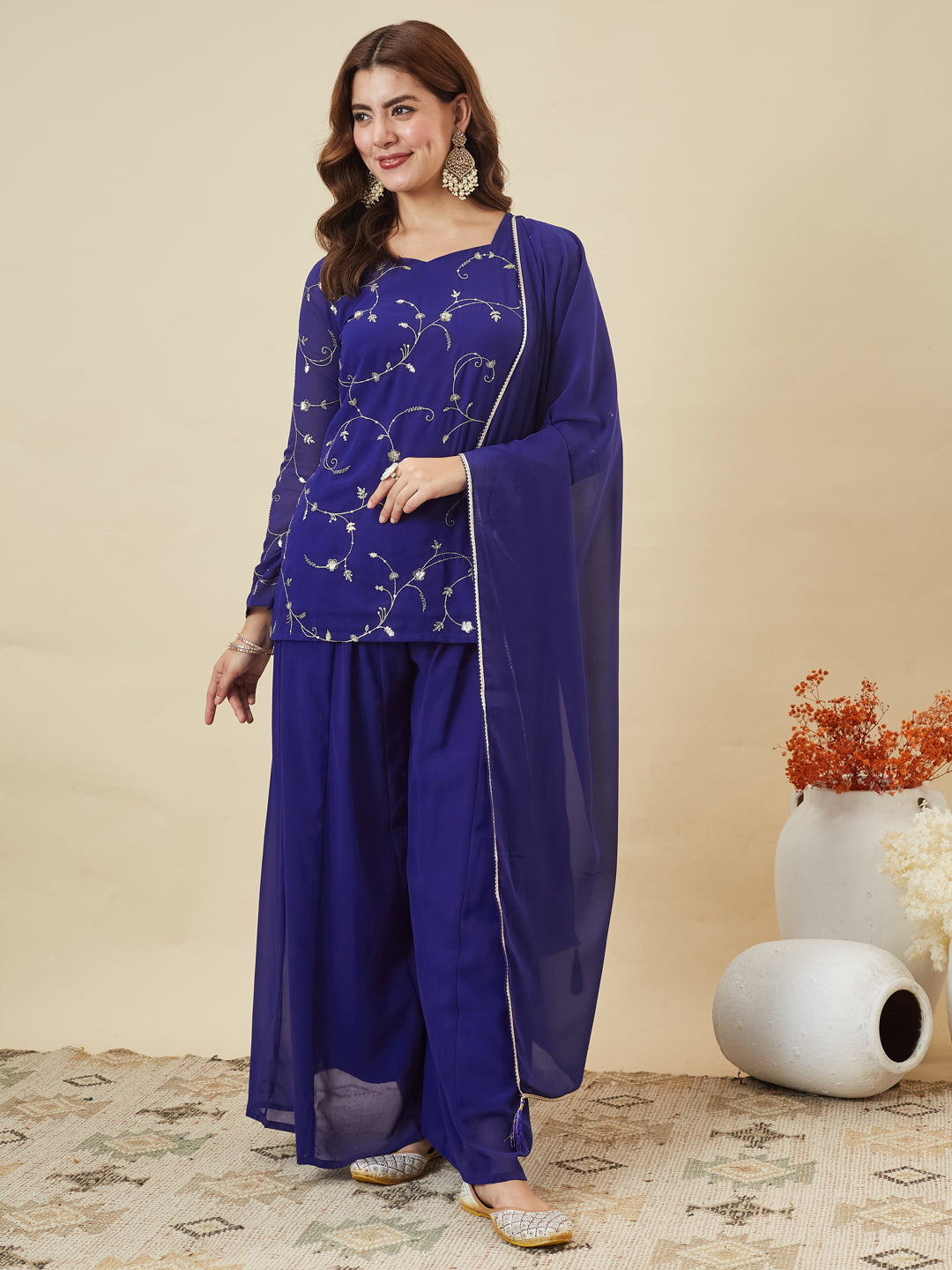 Royal Blue Embroidered Georgette Straight Suit Set With Dupatta