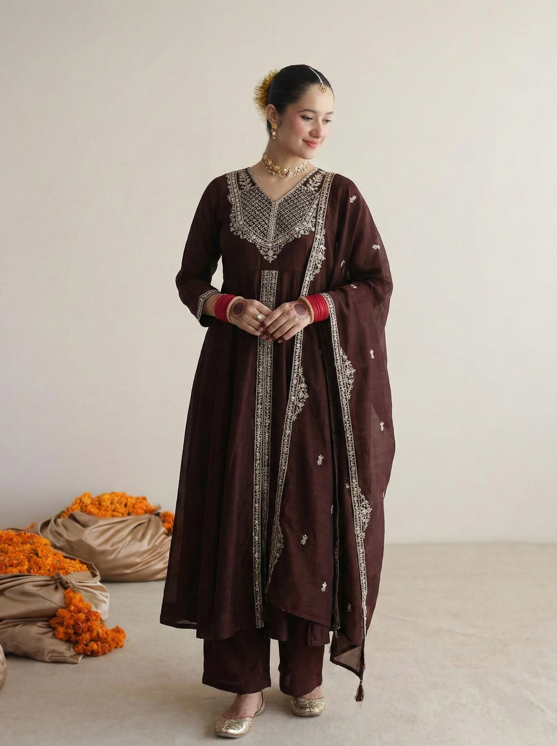 Coffee Silk Embroidered Anarkali Kurta With Dupatta Set for Women