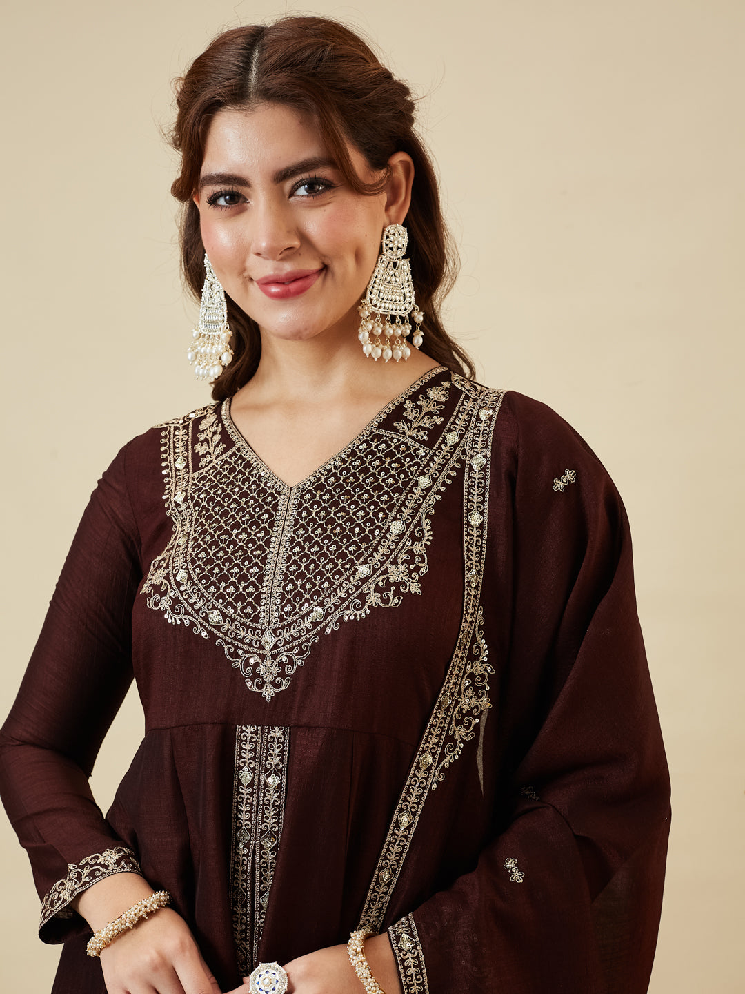 Coffee Silk Embroidered Anarkali Kurta With Dupatta Set for Women