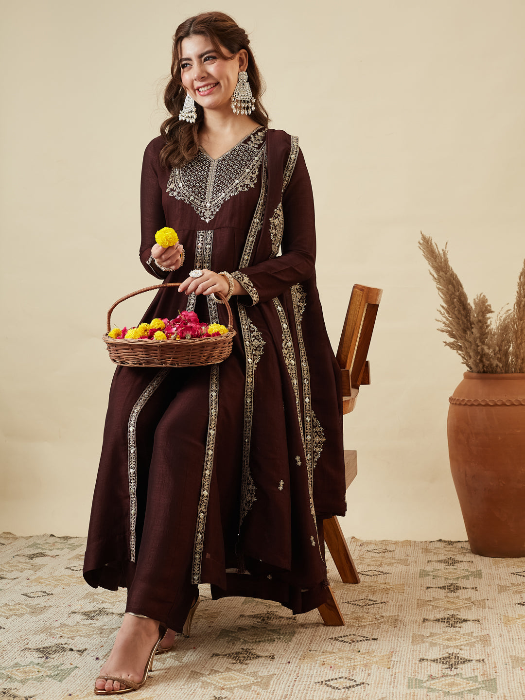 Coffee Silk Embroidered Anarkali Kurta With Dupatta Set for Women