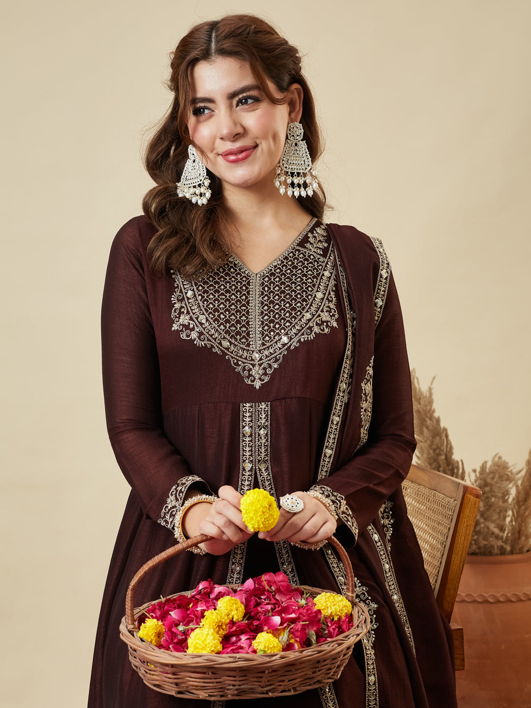 Coffee Silk Embroidered Anarkali Kurta With Dupatta Set for Women