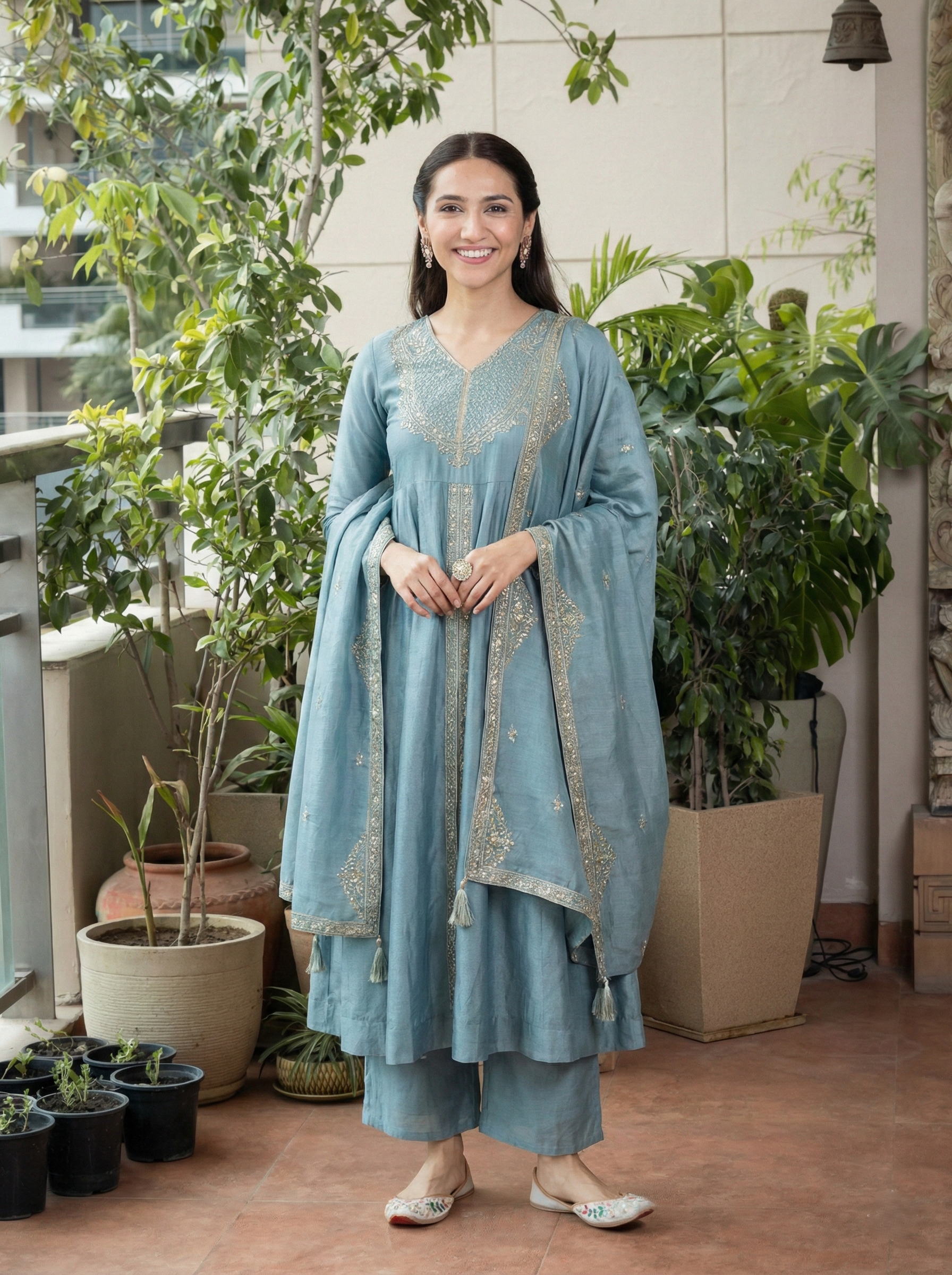 Sky Blue Silk Embroidered Anarkali Kurta With Dupatta Set for Women
