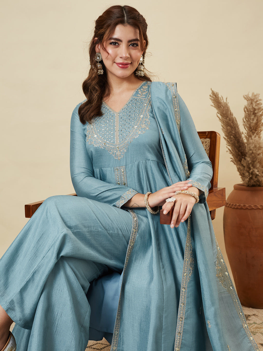 Sky Blue Silk Embroidered Anarkali Kurta With Dupatta Set for Women