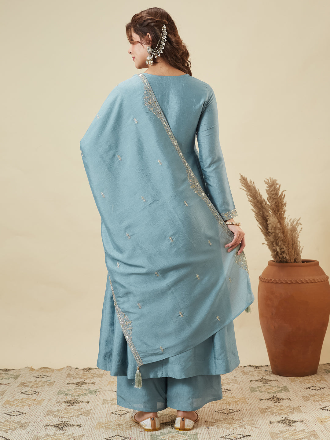 Sky Blue Silk Embroidered Anarkali Kurta With Dupatta Set for Women