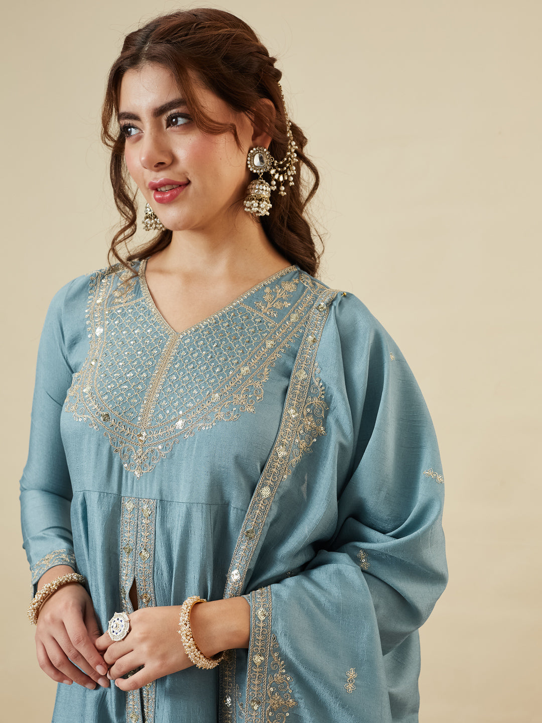 Sky Blue Silk Embroidered Anarkali Kurta With Dupatta Set for Women