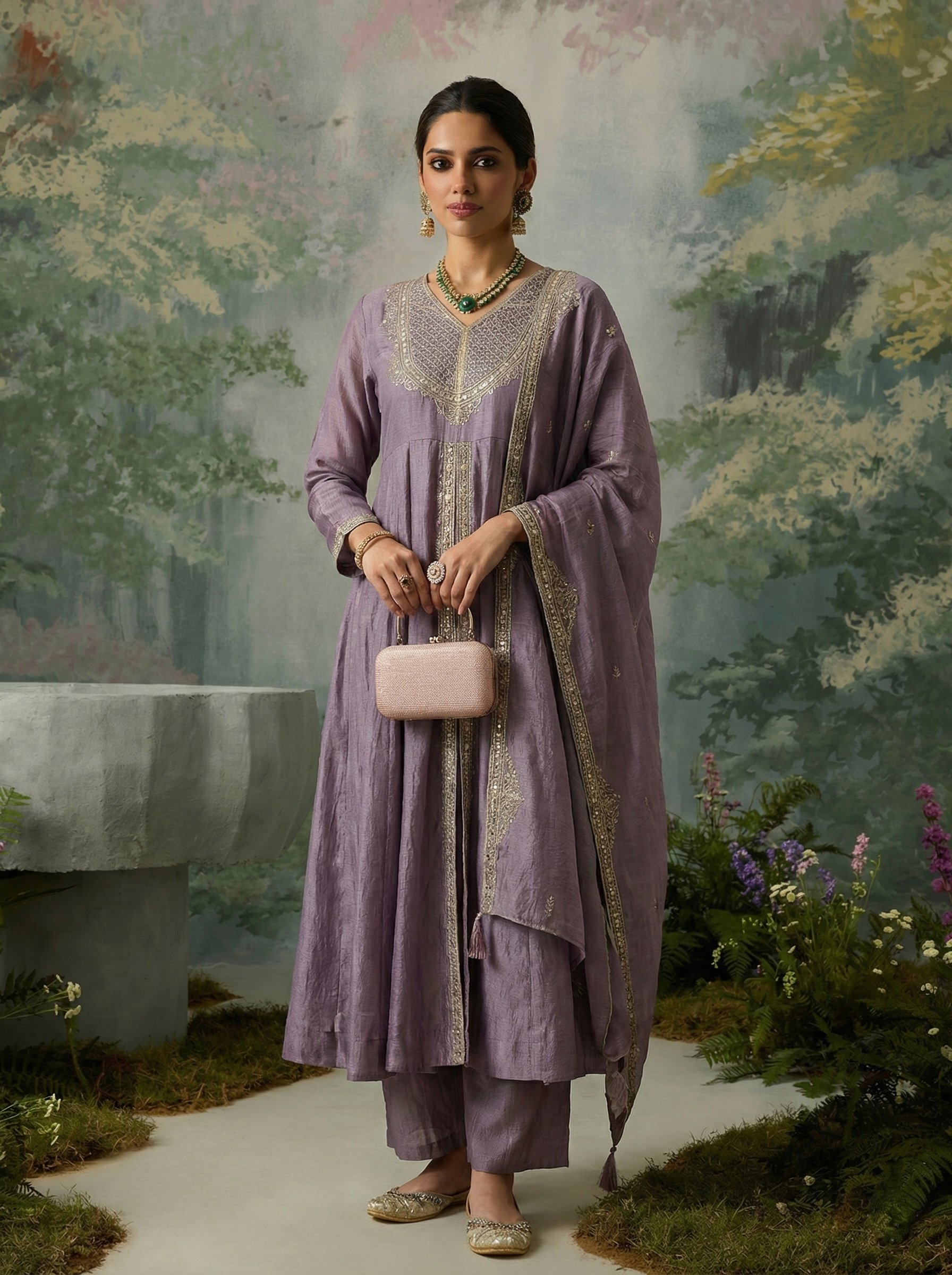 Lavender Silk Embroidered Anarkali Kurta With Dupatta Set for Women