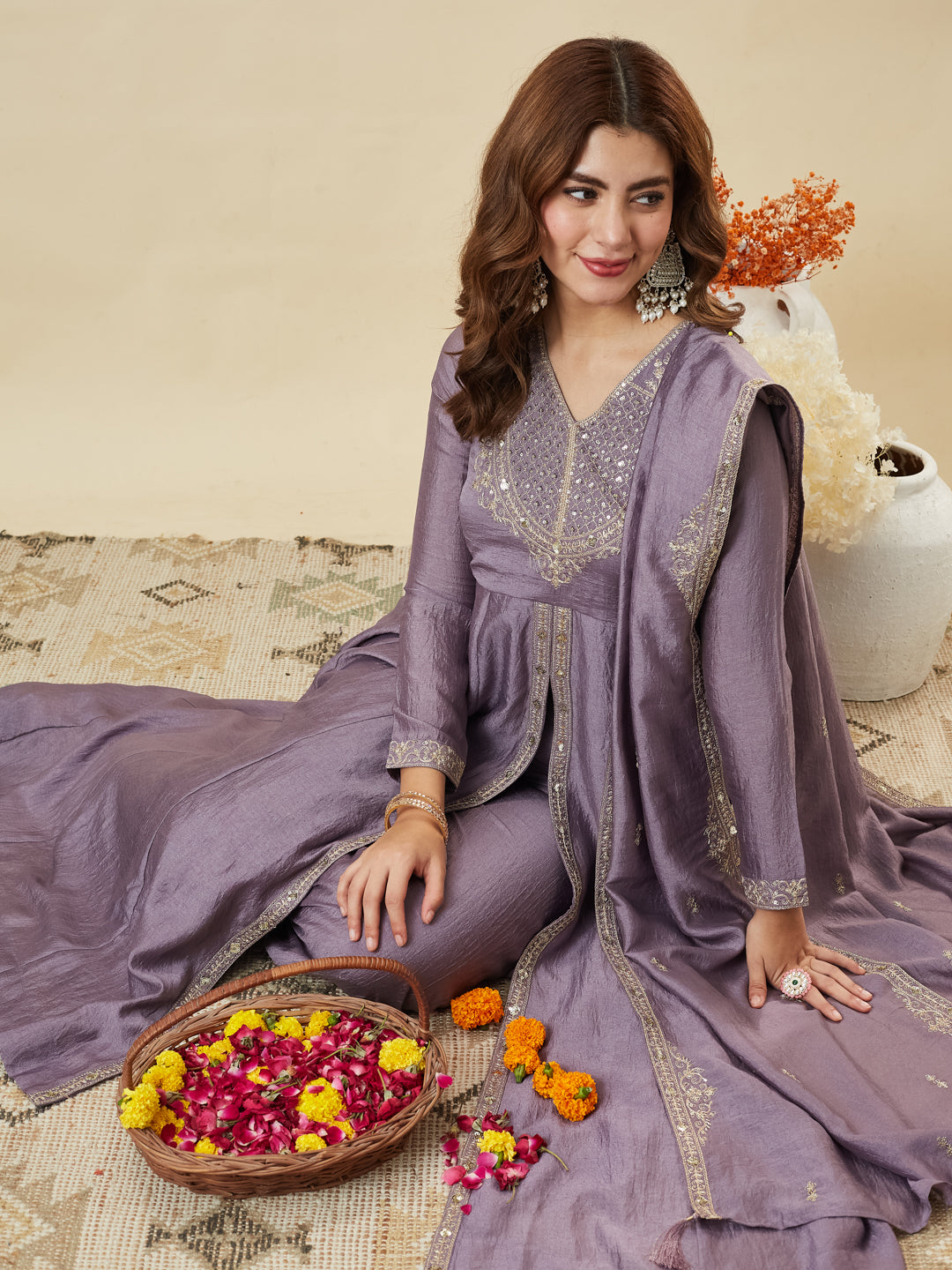 Lavender Silk Embroidered Anarkali Kurta With Dupatta Set for Women