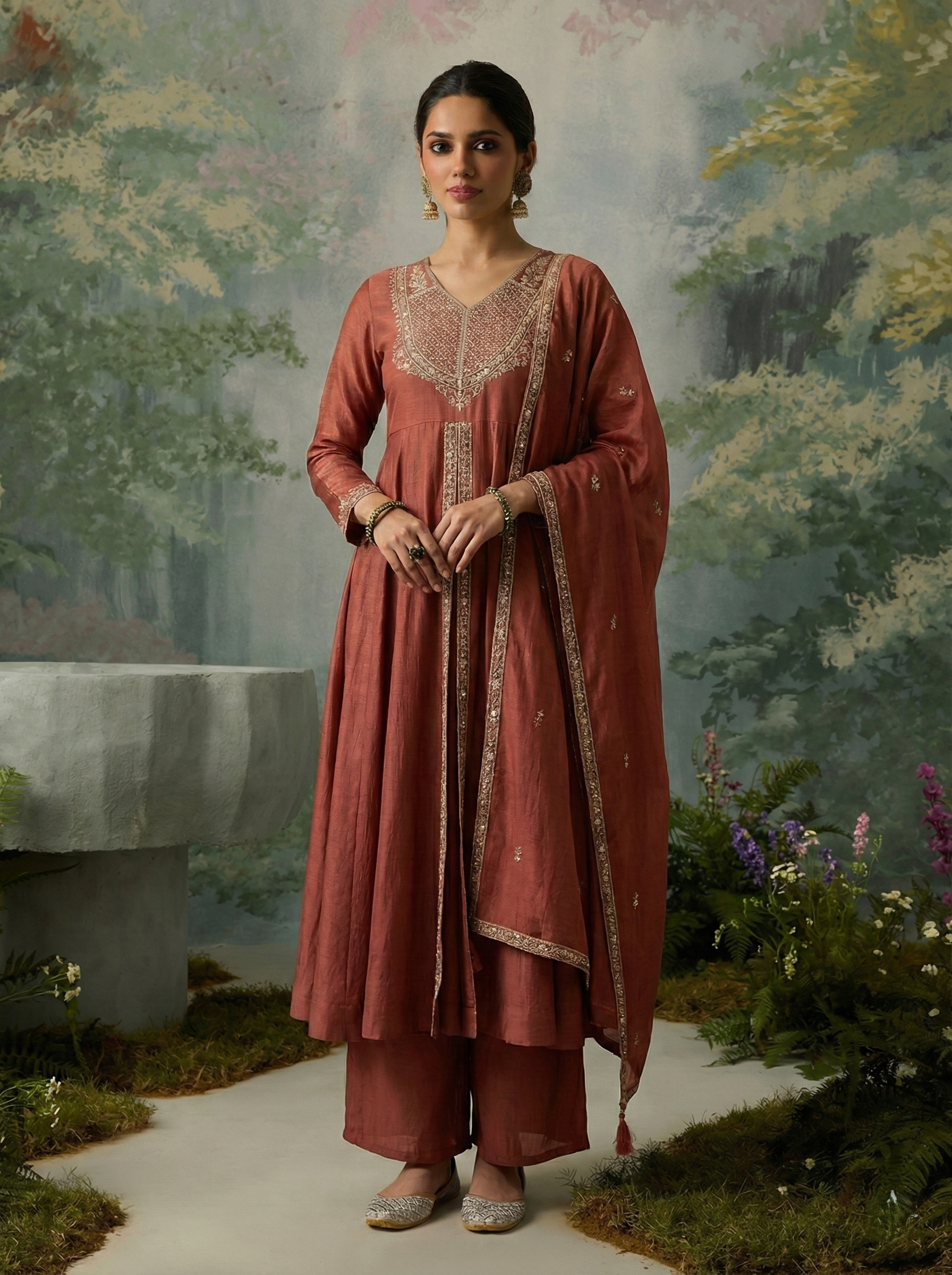 Rust Silk Embroidered Anarkali Kurta With Dupatta Set for Women