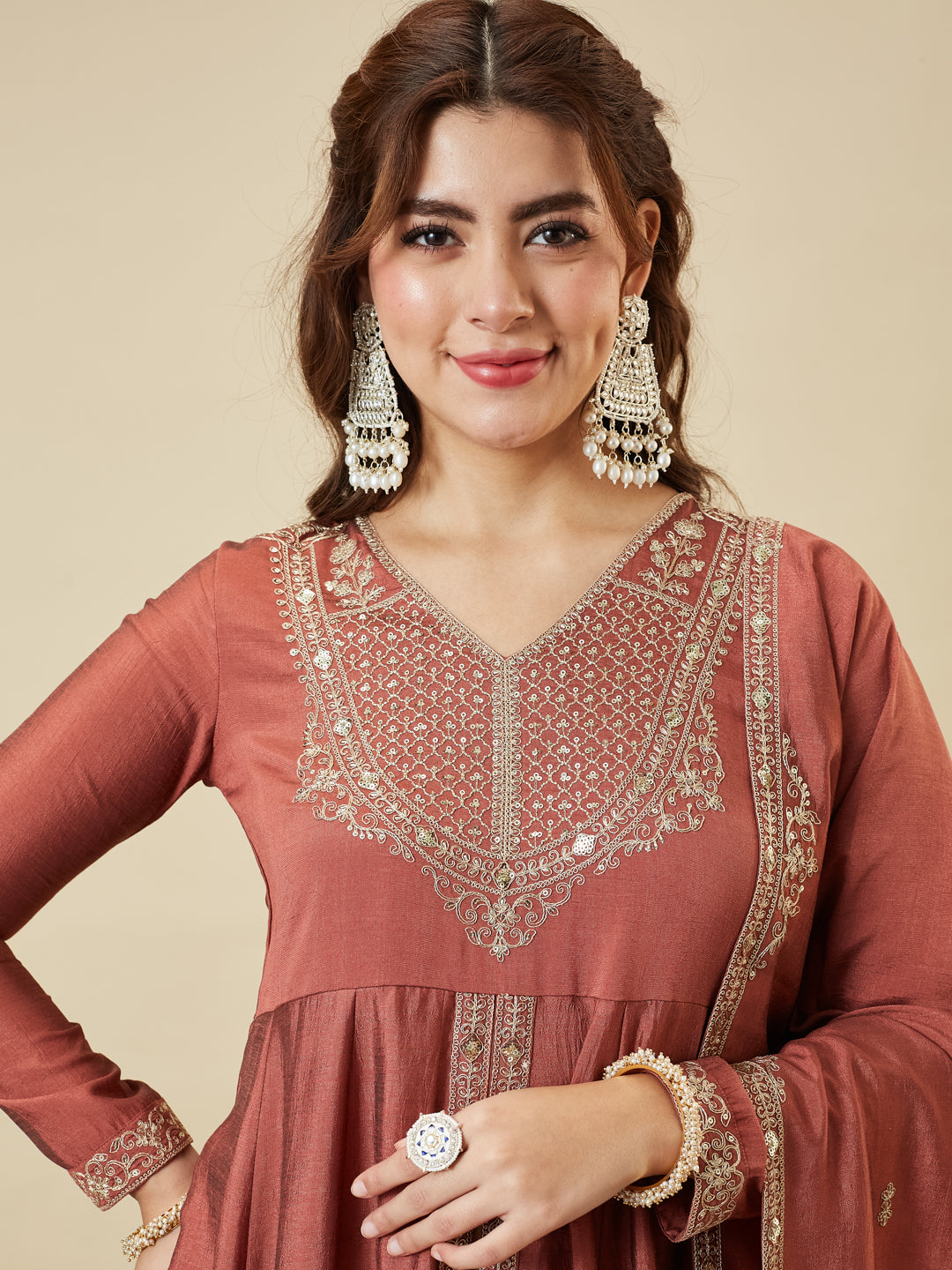 Rust Silk Embroidered Anarkali Kurta With Dupatta Set for Women