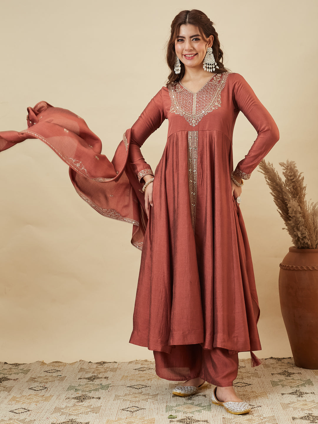 Rust Silk Embroidered Anarkali Kurta With Dupatta Set for Women