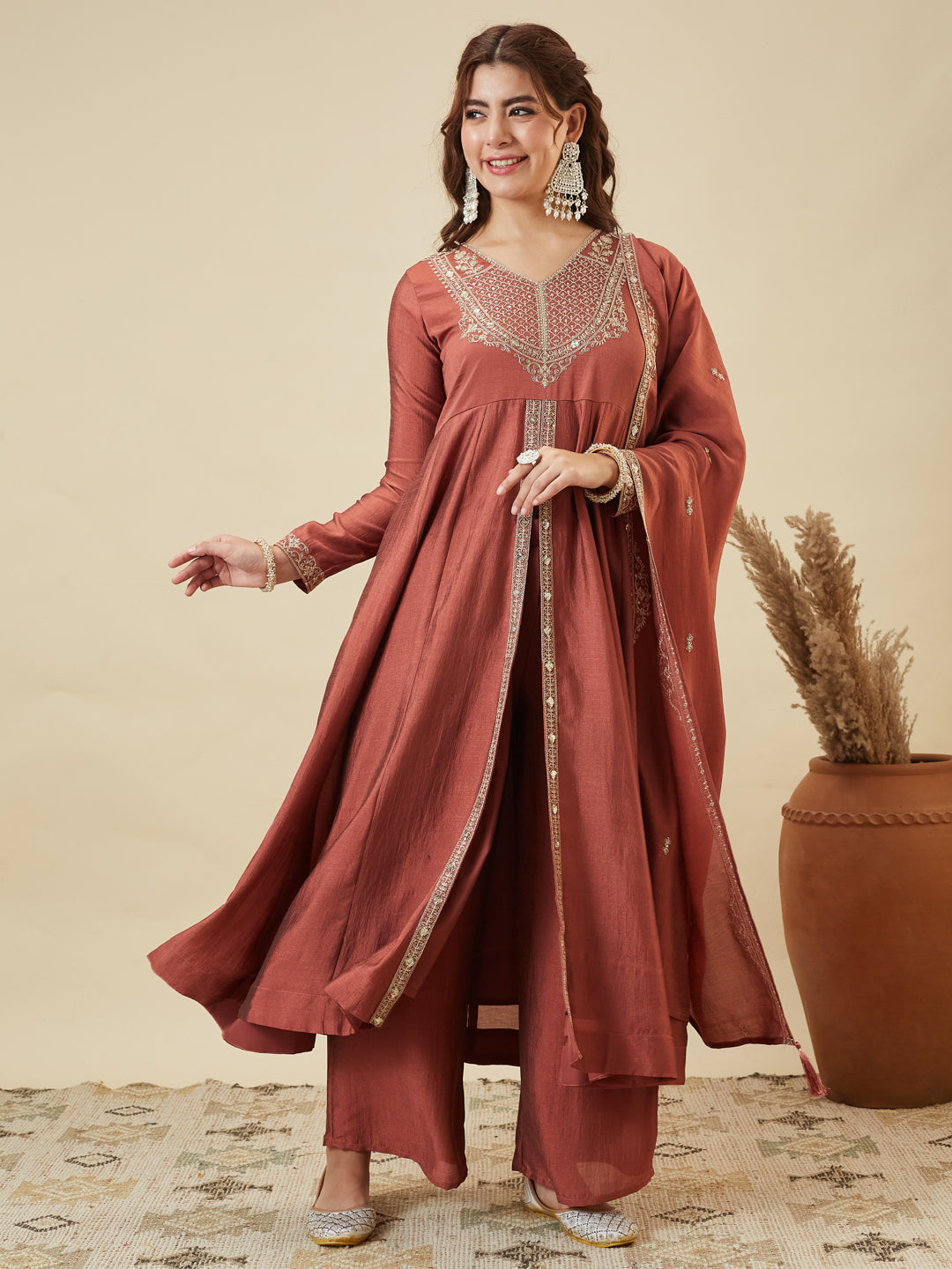 Rust Silk Embroidered Anarkali Kurta With Dupatta Set for Women