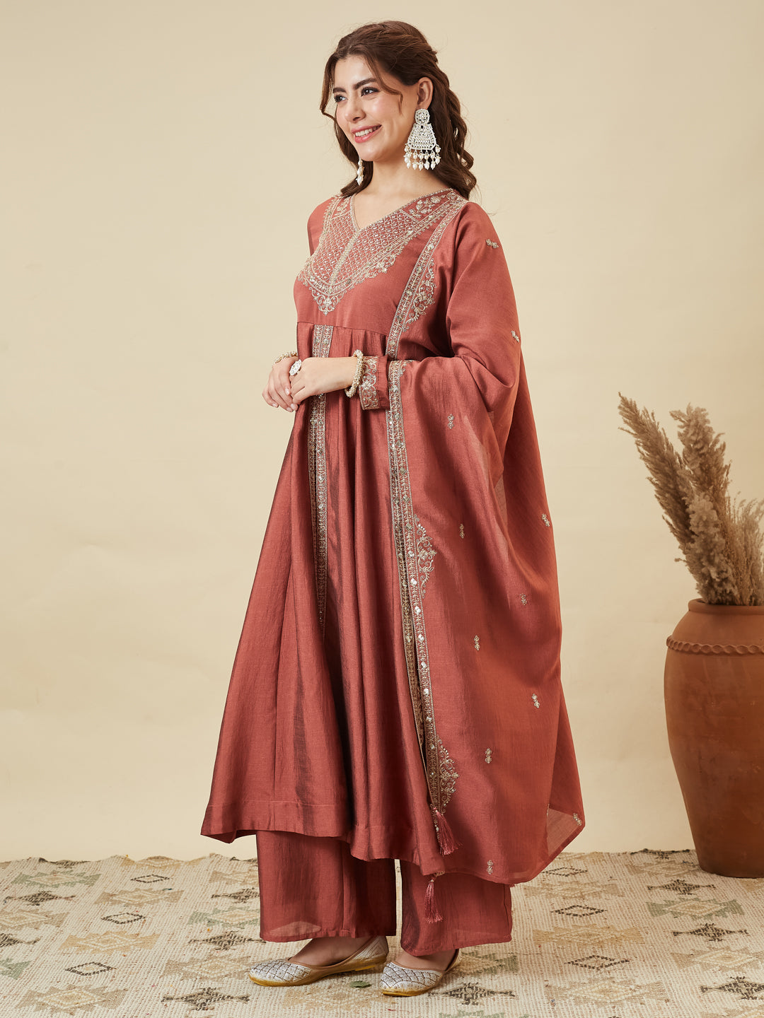 Rust Silk Embroidered Anarkali Kurta With Dupatta Set for Women