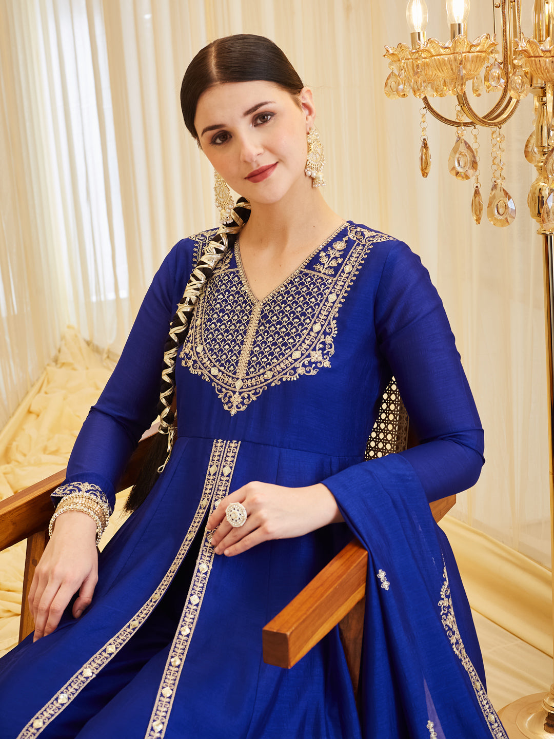 Satya Sri in Color of earth - Women’s Royal Blue Silk Embroidered Anarkali Set
