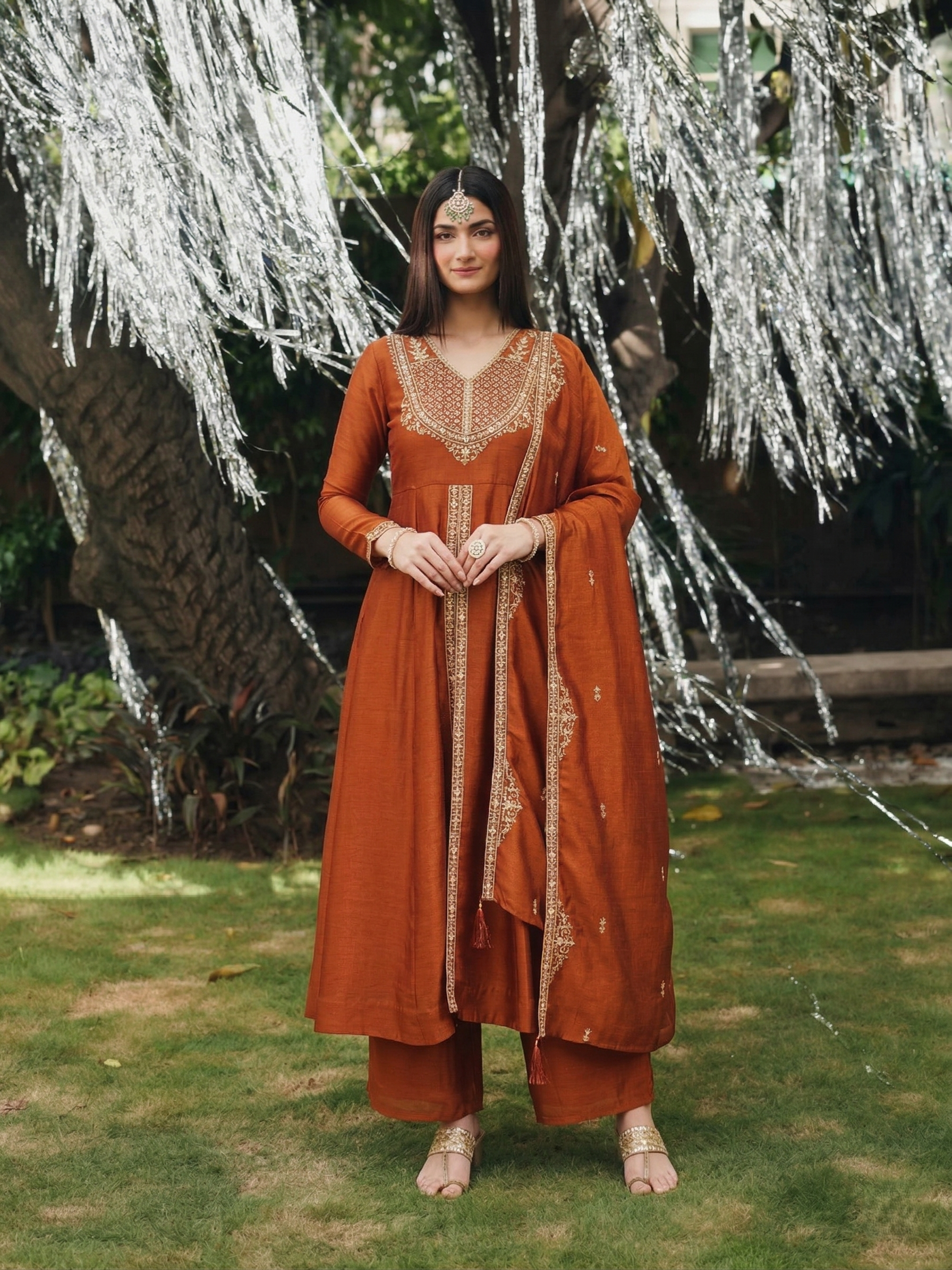 Orange Silk Premium Anarkali Set with Dupatta for Women