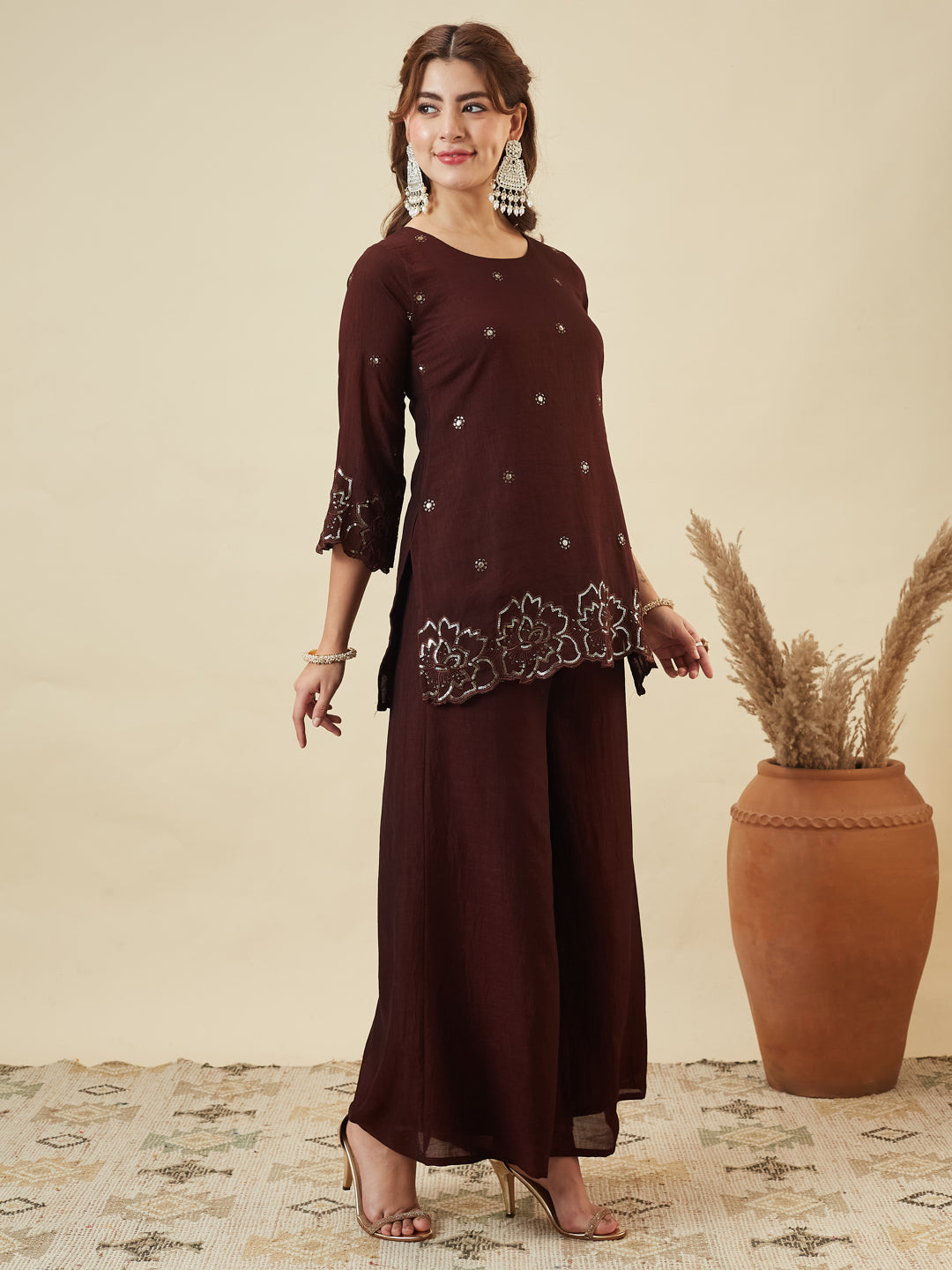 Coffee Silk Embroidered Suit with Palazzo Set for Women
