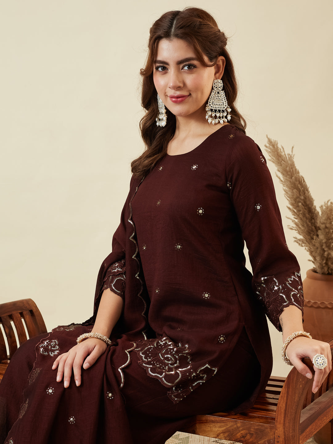 Coffee Silk Embroidered Suit with Palazzo Set for Women