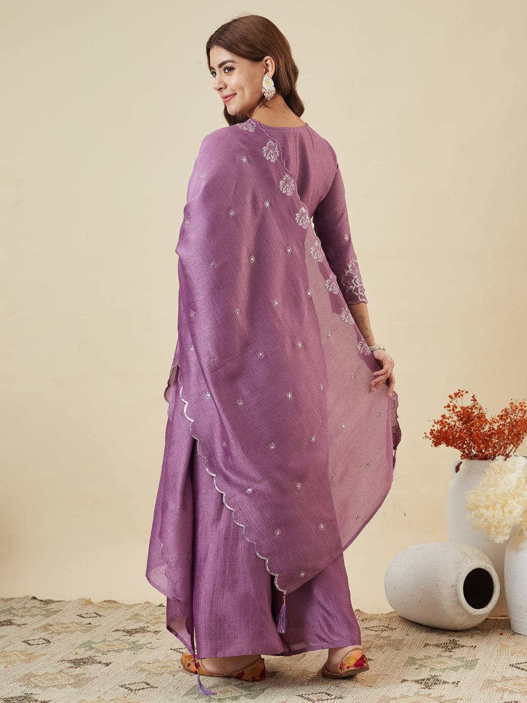 Lavender Silk Embroidered Suit with Palazzo Set for Women