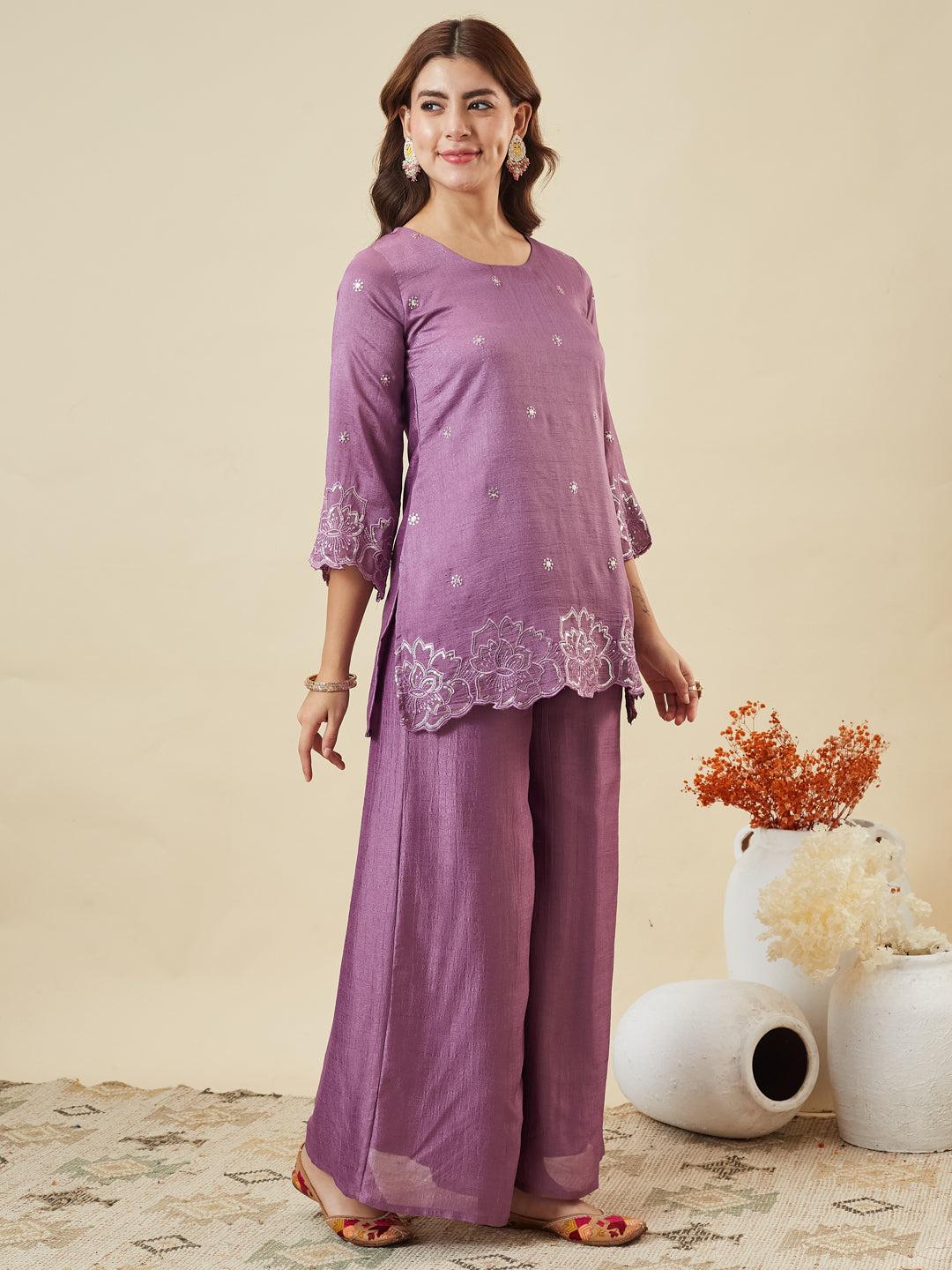 Lavender Silk Embroidered Suit with Palazzo Set for Women