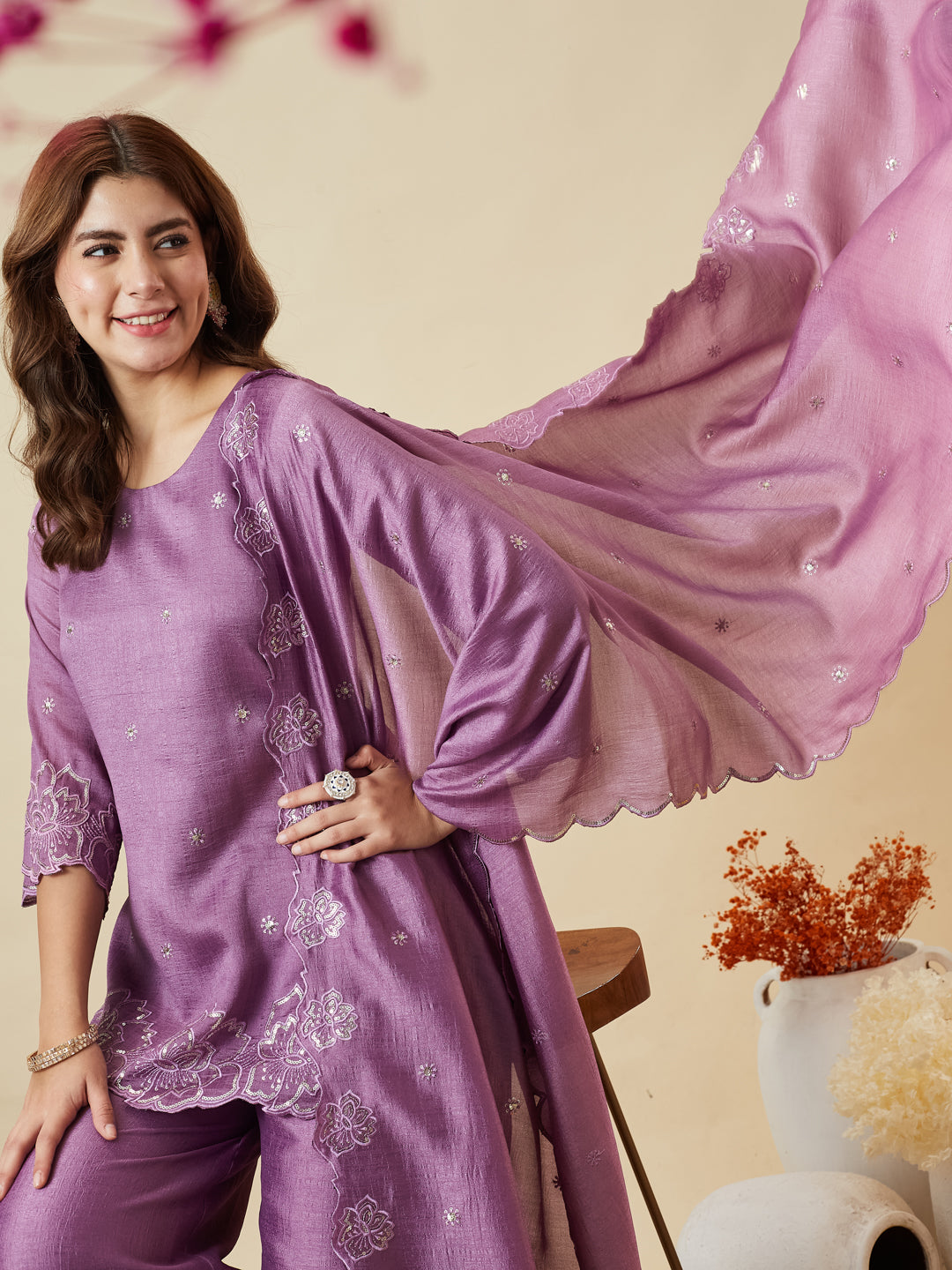 Lavender Silk Embroidered Suit with Palazzo Set for Women