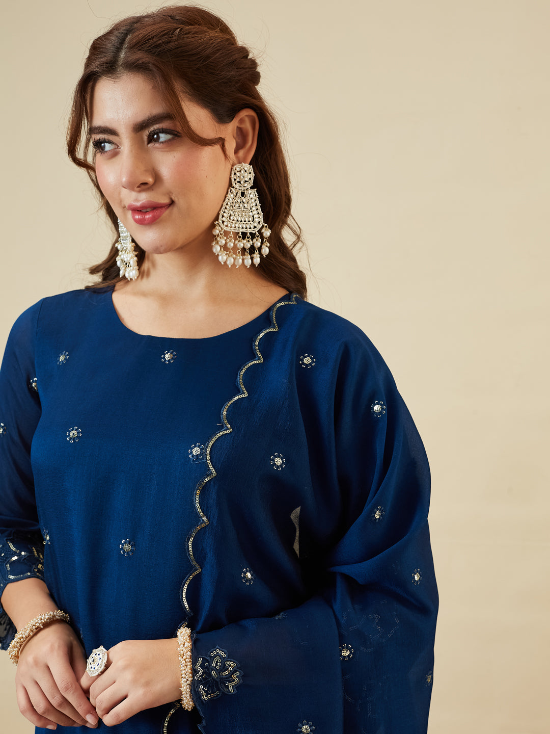 Teal Blue Silk Embroidered Suit with Palazzo Set for Women