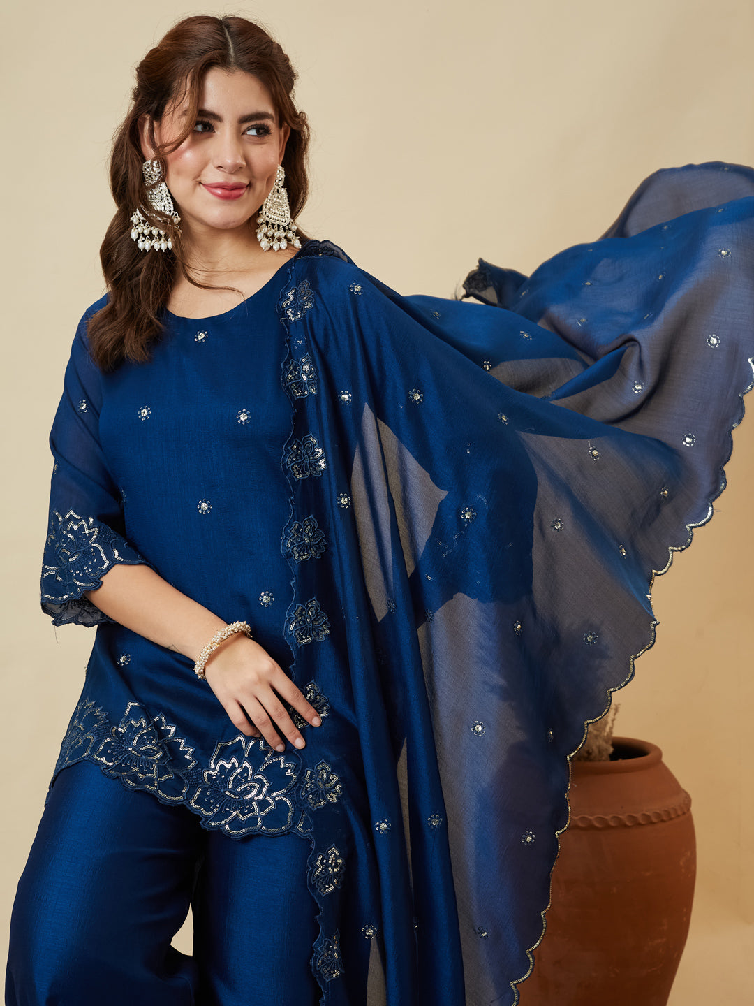 Teal Blue Silk Embroidered Suit with Palazzo Set for Women