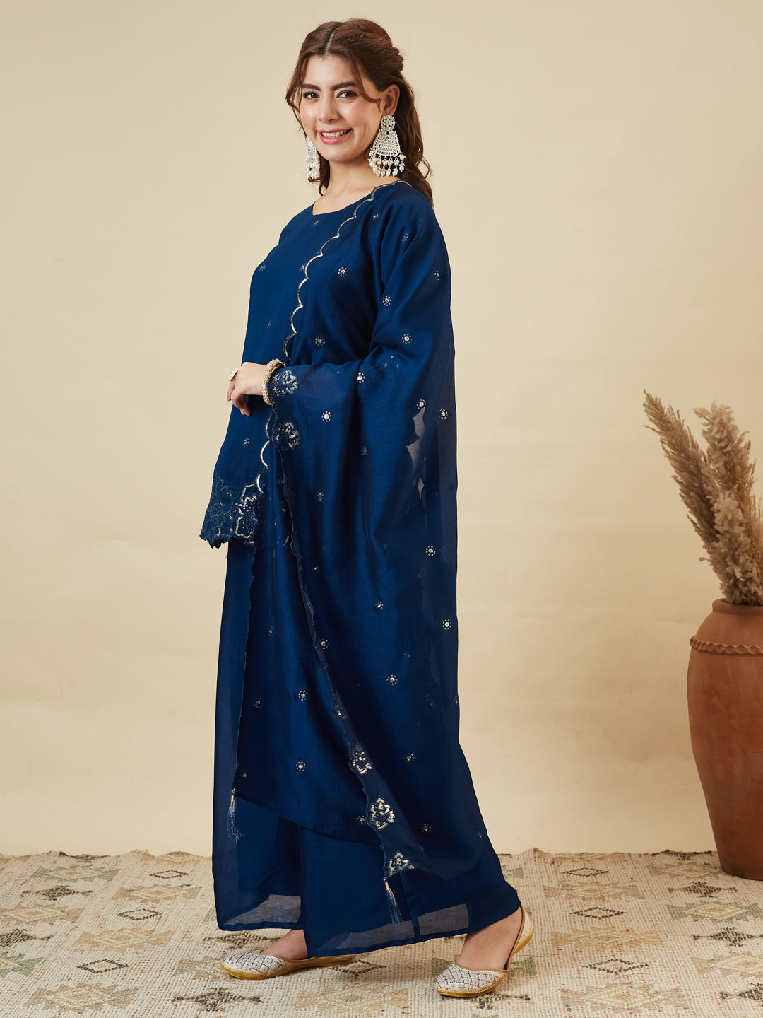 Teal Blue Silk Embroidered Suit with Palazzo Set for Women