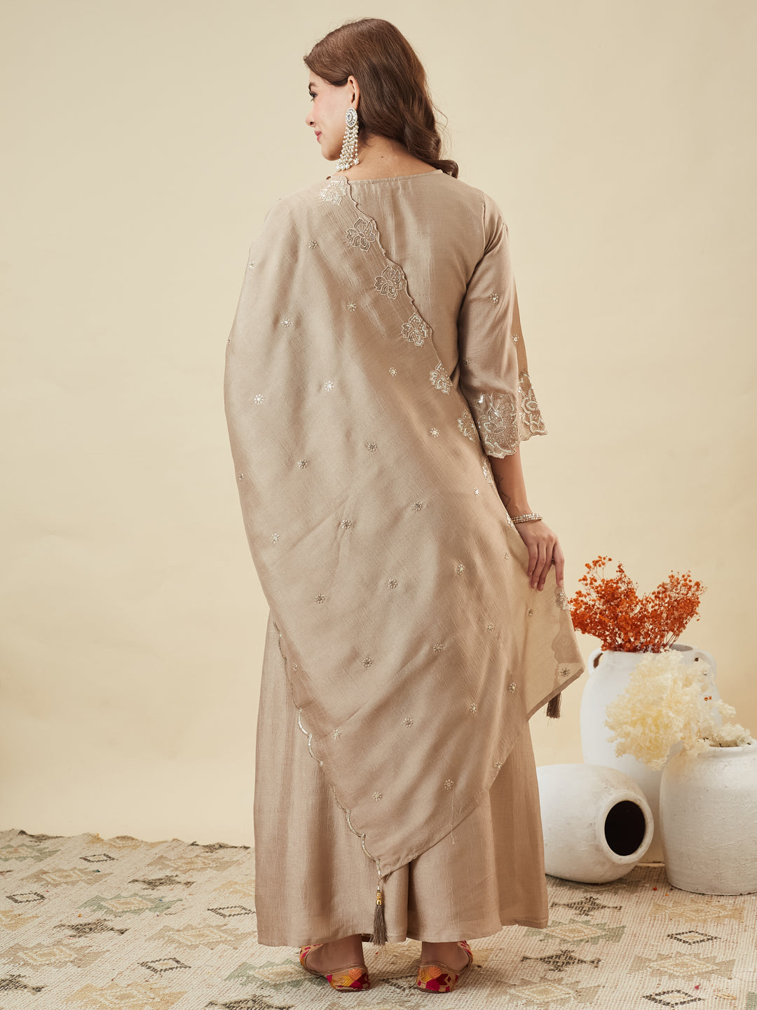 Grey Silk Embroidered Suit with Palazzo Set for Women