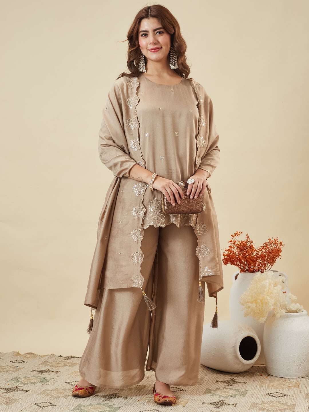 Grey Silk Embroidered Suit with Palazzo Set for Women