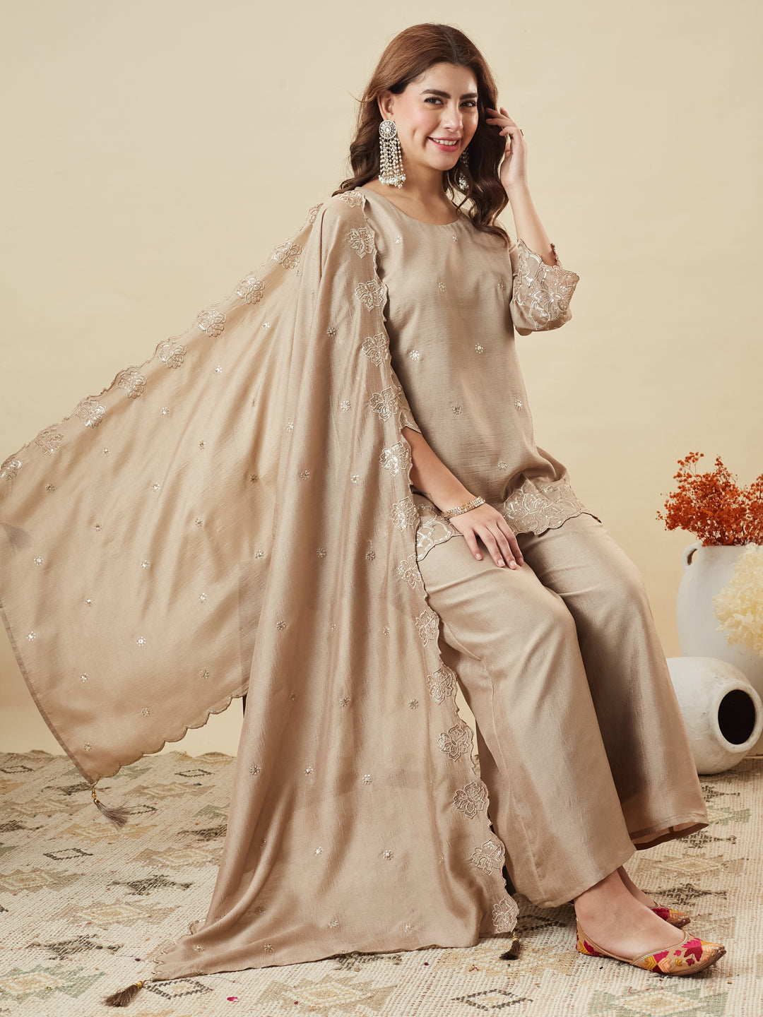 Grey Silk Embroidered Suit with Palazzo Set for Women