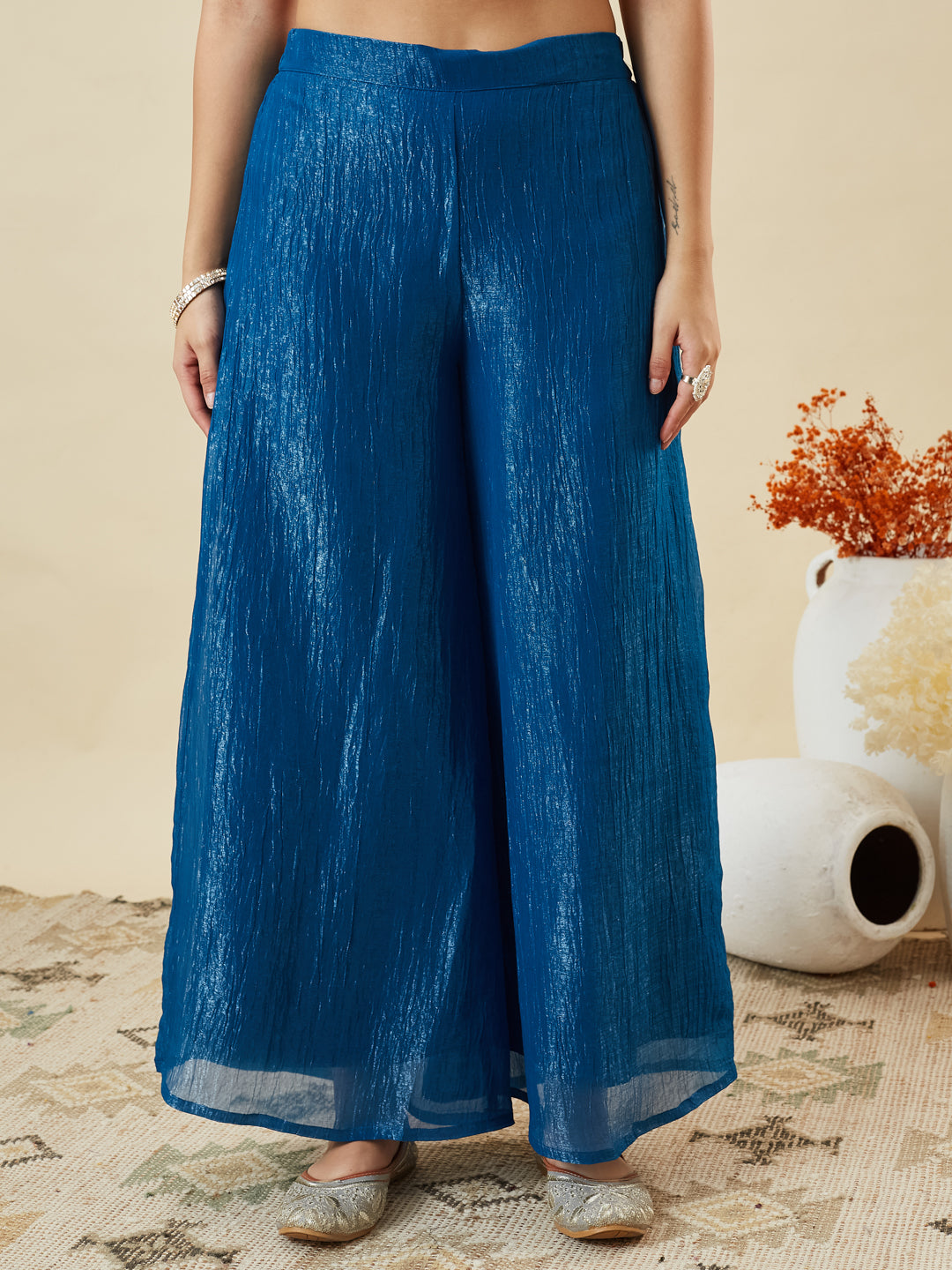 Royal Blue Silk Embroidered Top Sharara Set with Dupatta