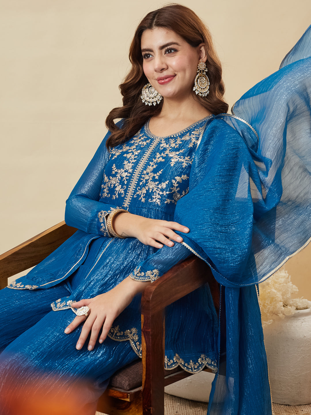 Royal Blue Silk Embroidered Top Sharara Set with Dupatta
