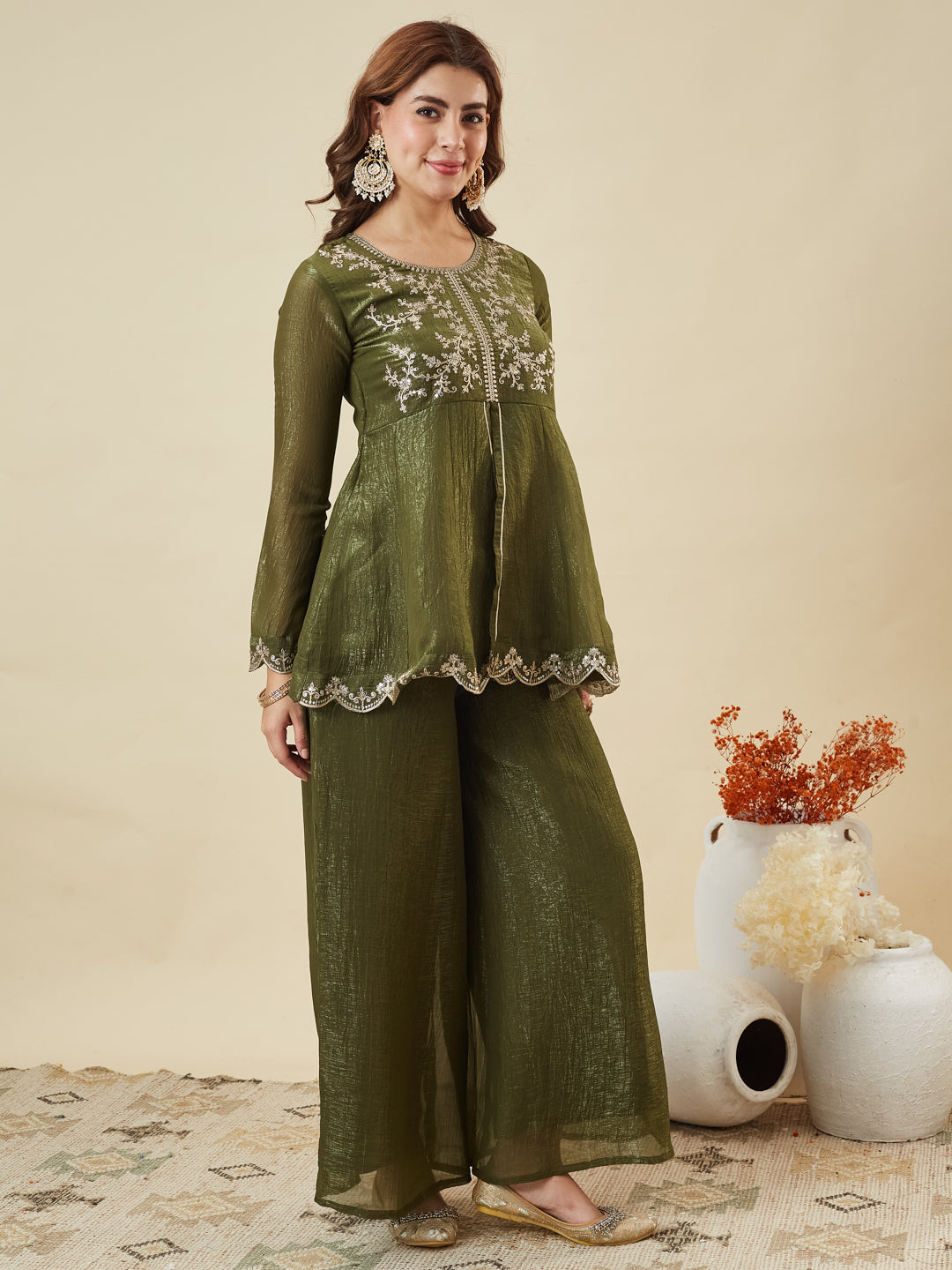 Green Silk Embroidered Top Sharara Set with Dupatta