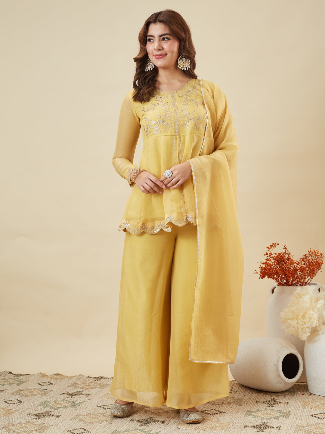 Yellow Silk Embroidered Top Sharara Set with Dupatta