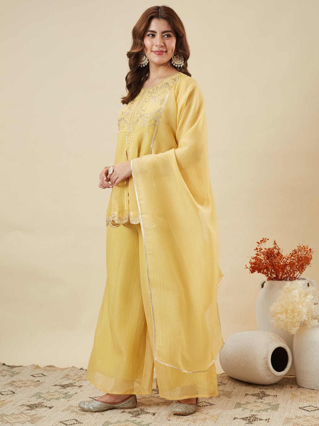 Yellow Silk Embroidered Top Sharara Set with Dupatta