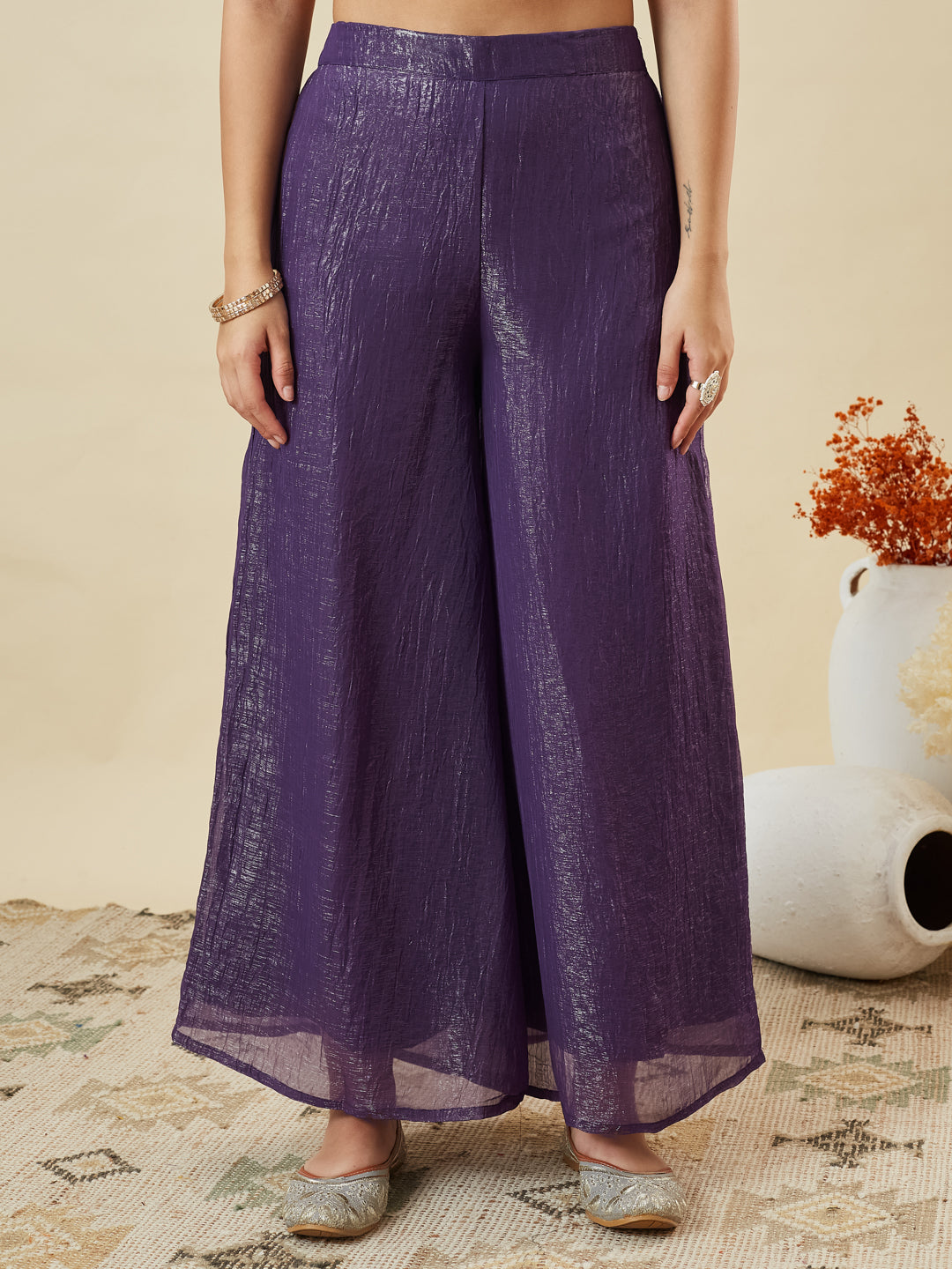 Voilet Silk Embroidered Top Sharara Set with Dupatta
