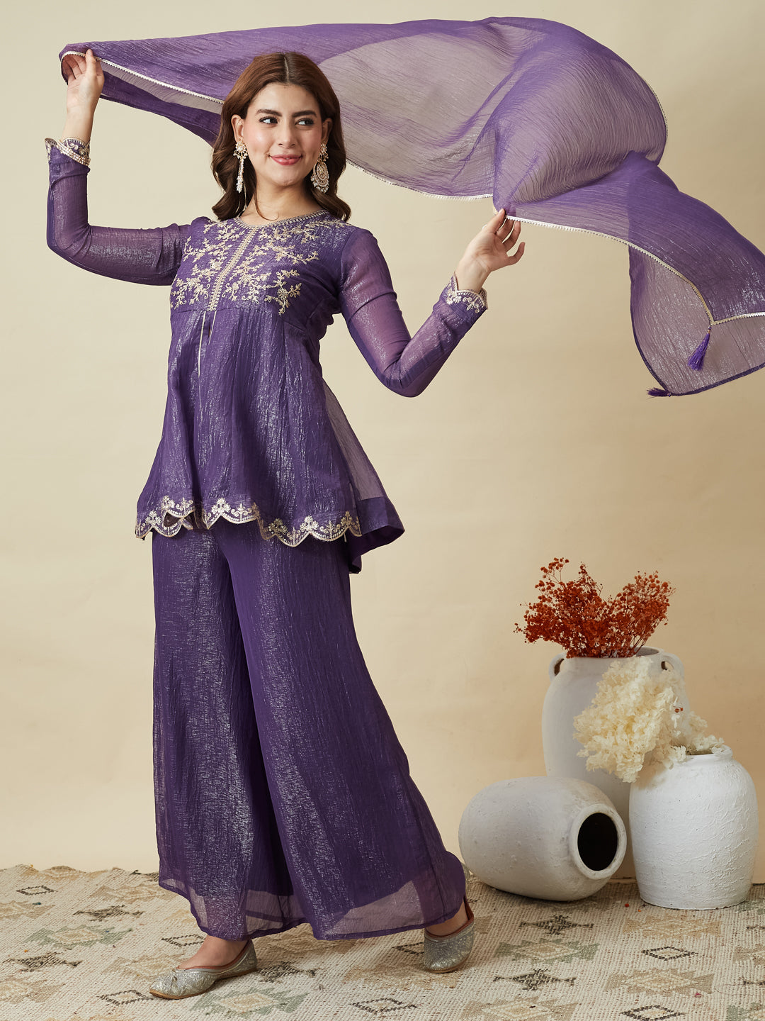 Voilet Silk Embroidered Top Sharara Set with Dupatta