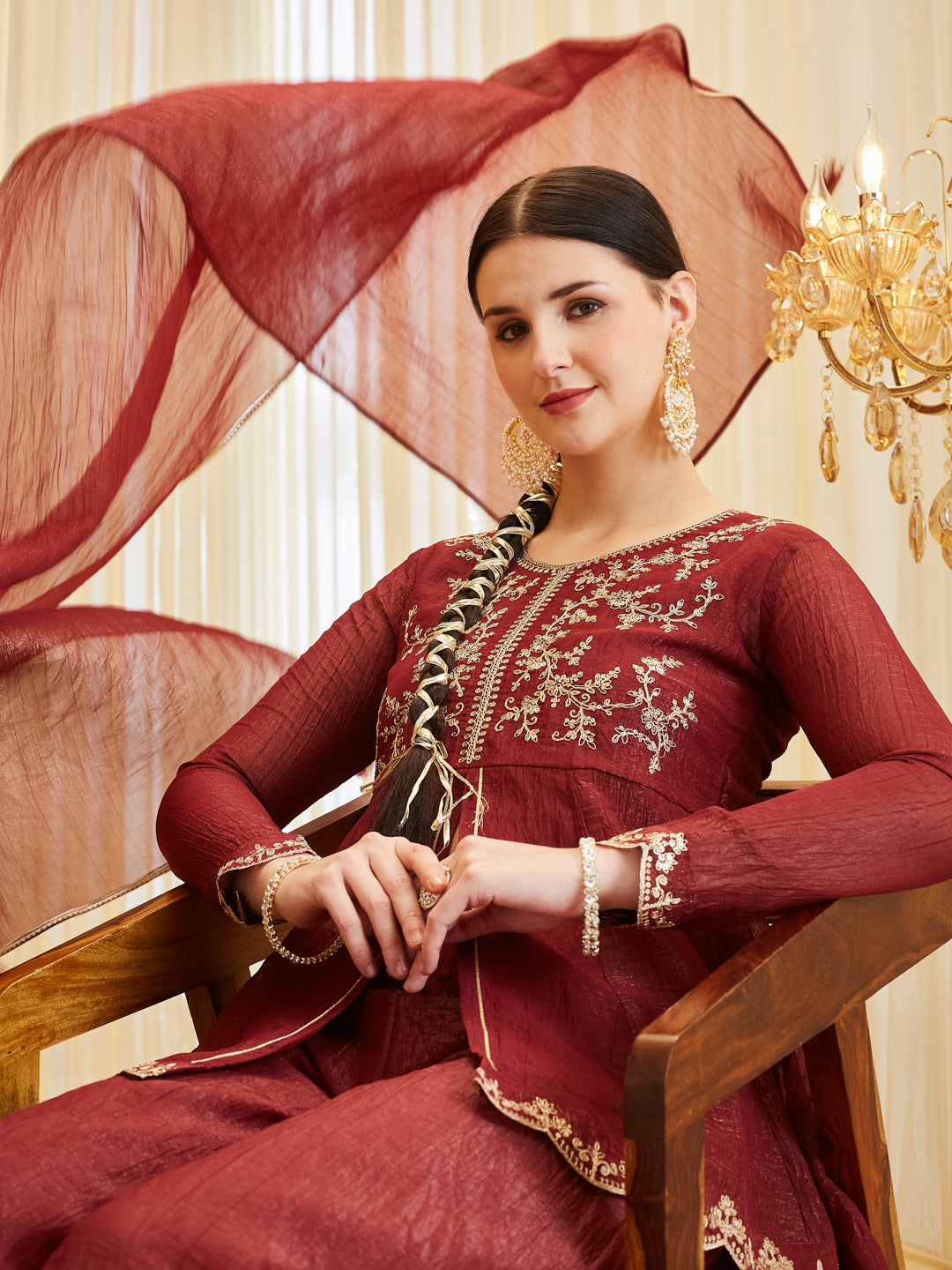 Berry Embroidered Kurta Palazzo Set with Dupatta for Women