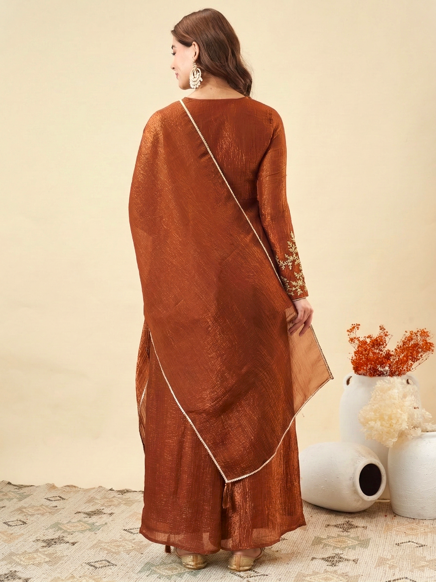Rust Silk  Embroidered Peplum Kurta Set with Palazzo & Dupatta