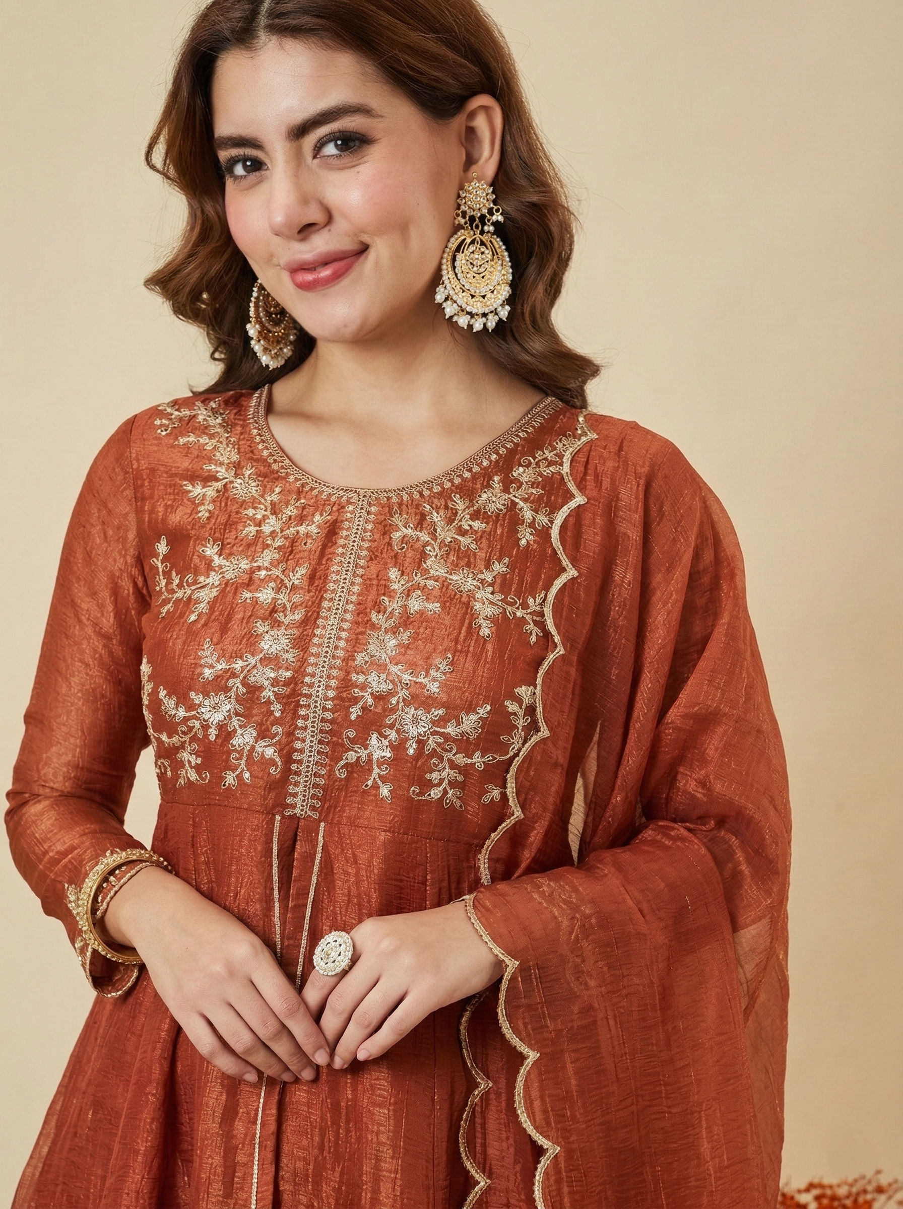Rust Silk  Embroidered Peplum Kurta Set with Palazzo & Dupatta