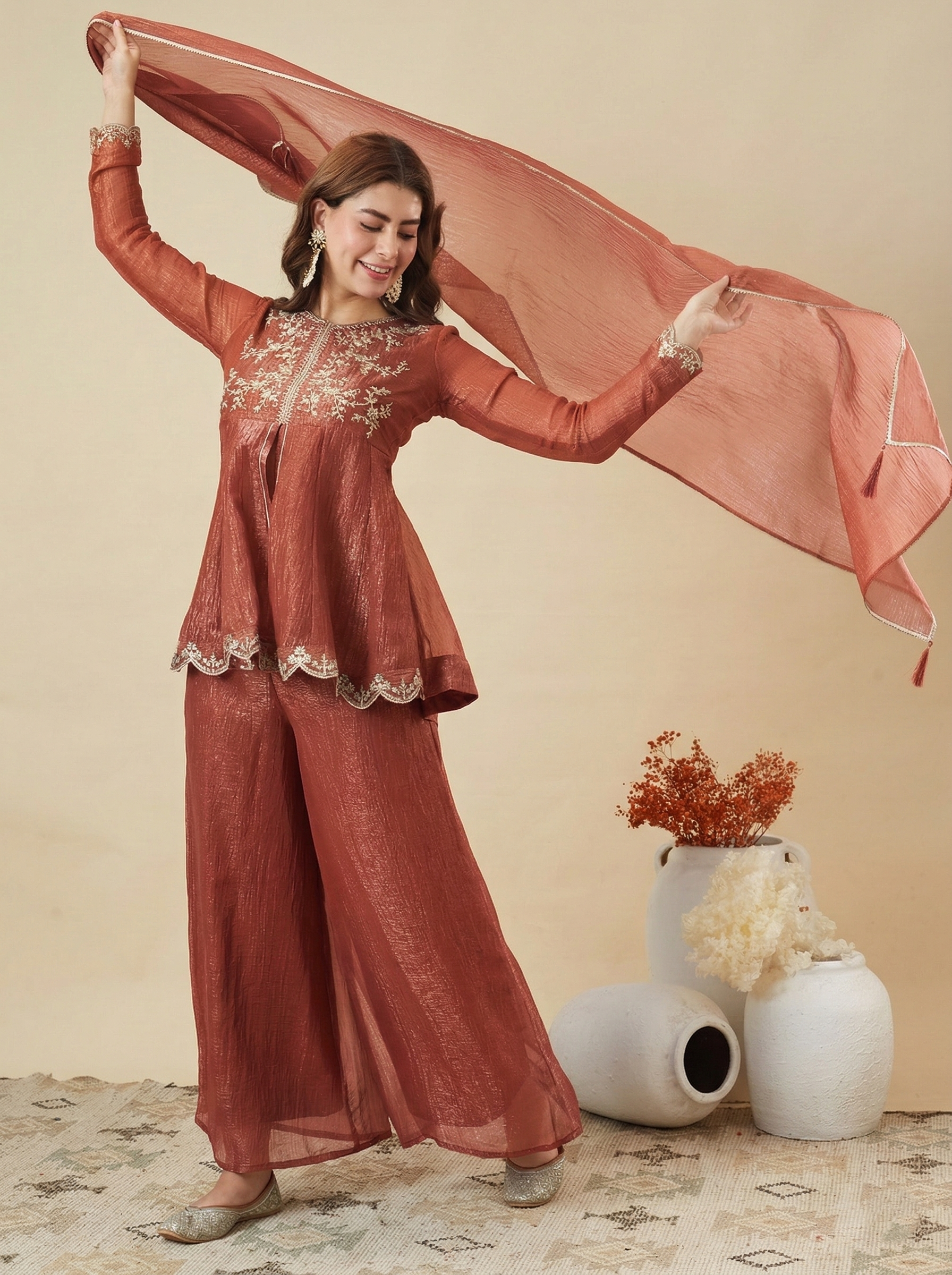 Rust Silk  Embroidered Peplum Kurta Set with Palazzo & Dupatta