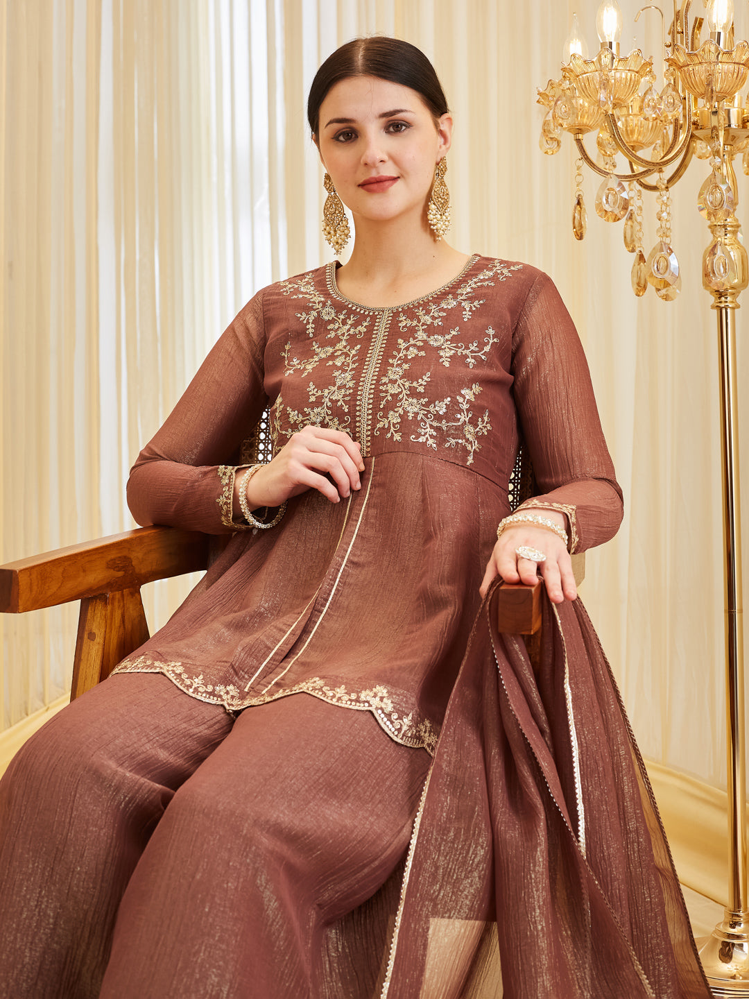 Brown Silk Embroidered Ethnic Top & Palazzo Set with Dupatta For Women