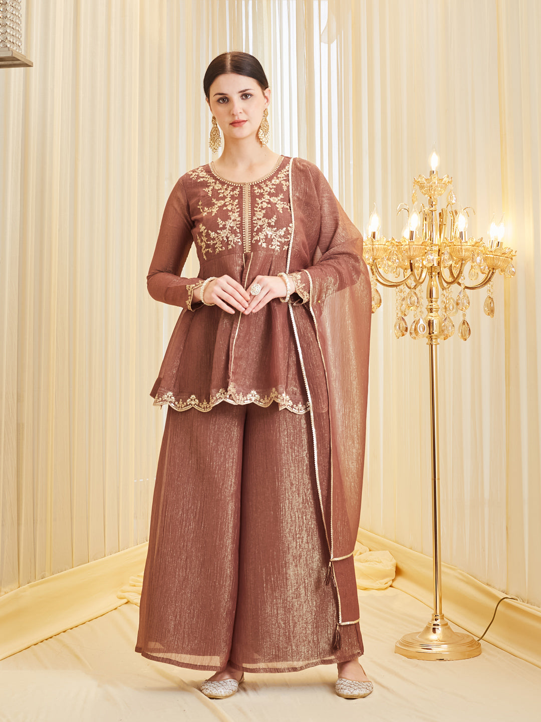 Brown Silk Embroidered Ethnic Top & Palazzo Set with Dupatta For Women