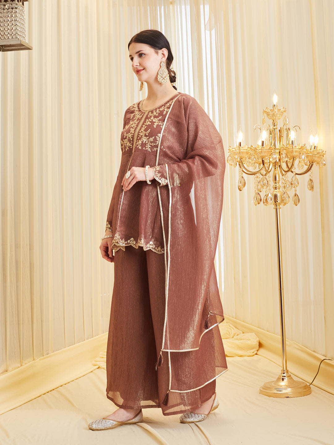 Brown Silk Embroidered Ethnic Top & Palazzo Set with Dupatta For Women