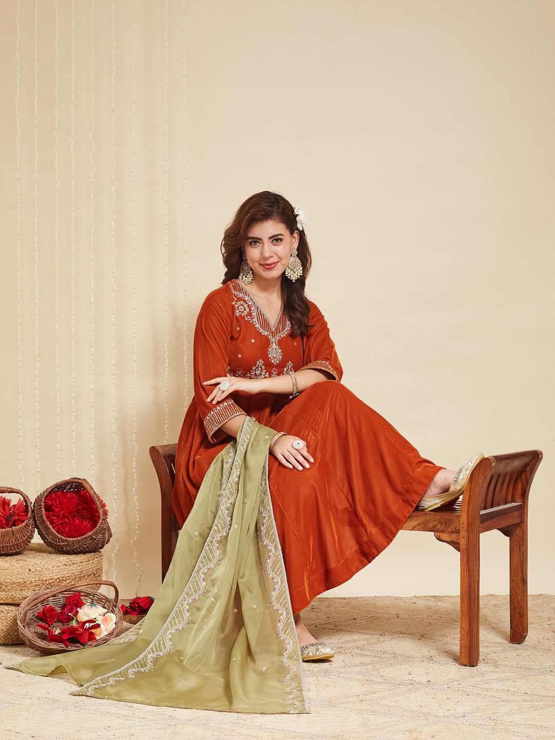 Orange Solid Velvet Anarkali Suit With Dupatta