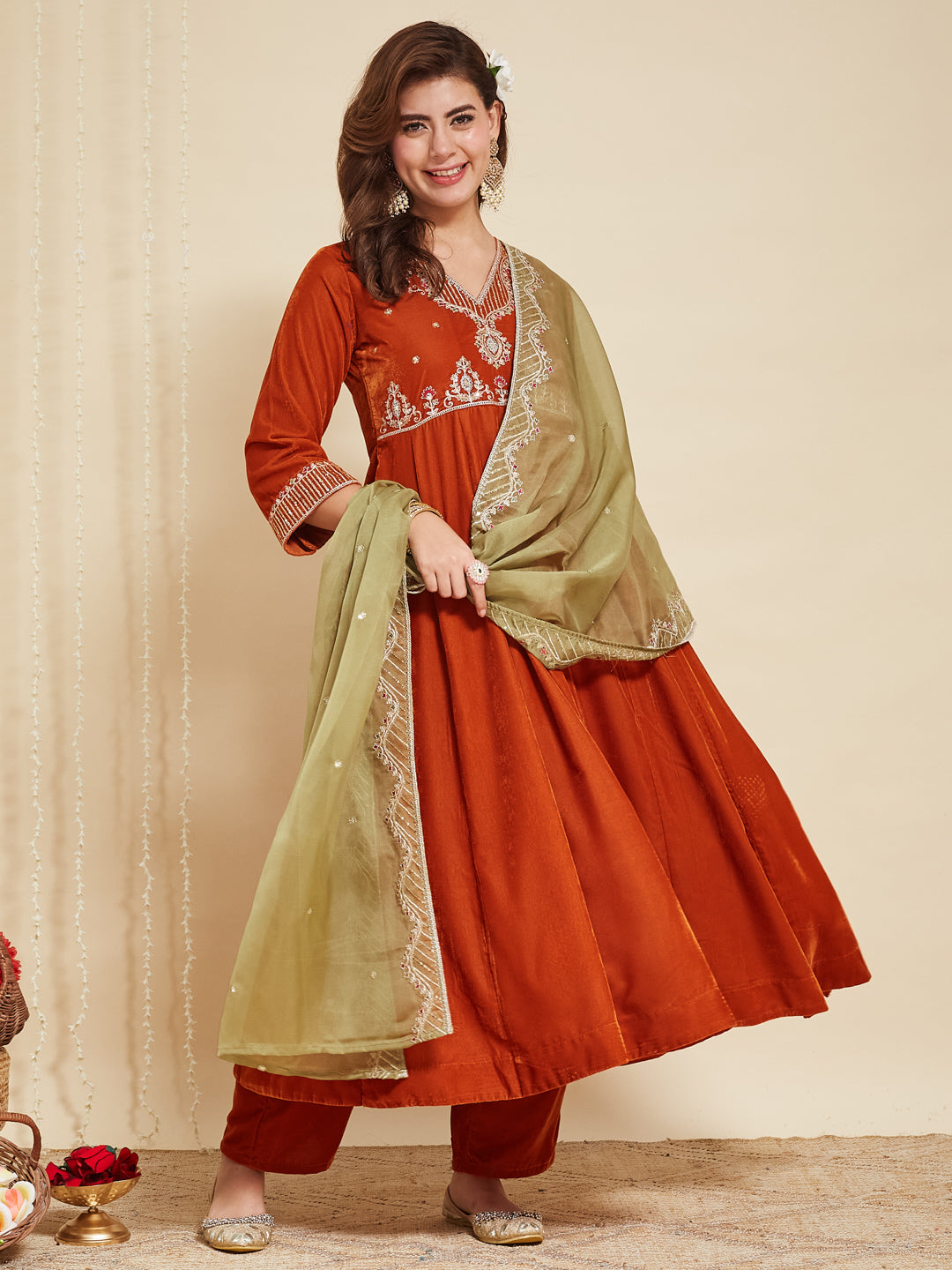 Orange Solid Velvet Anarkali Suit With Dupatta