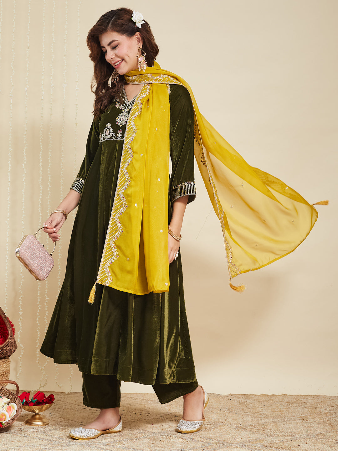 Olive Green Solid Velvet Anarkali Suit With Dupatta