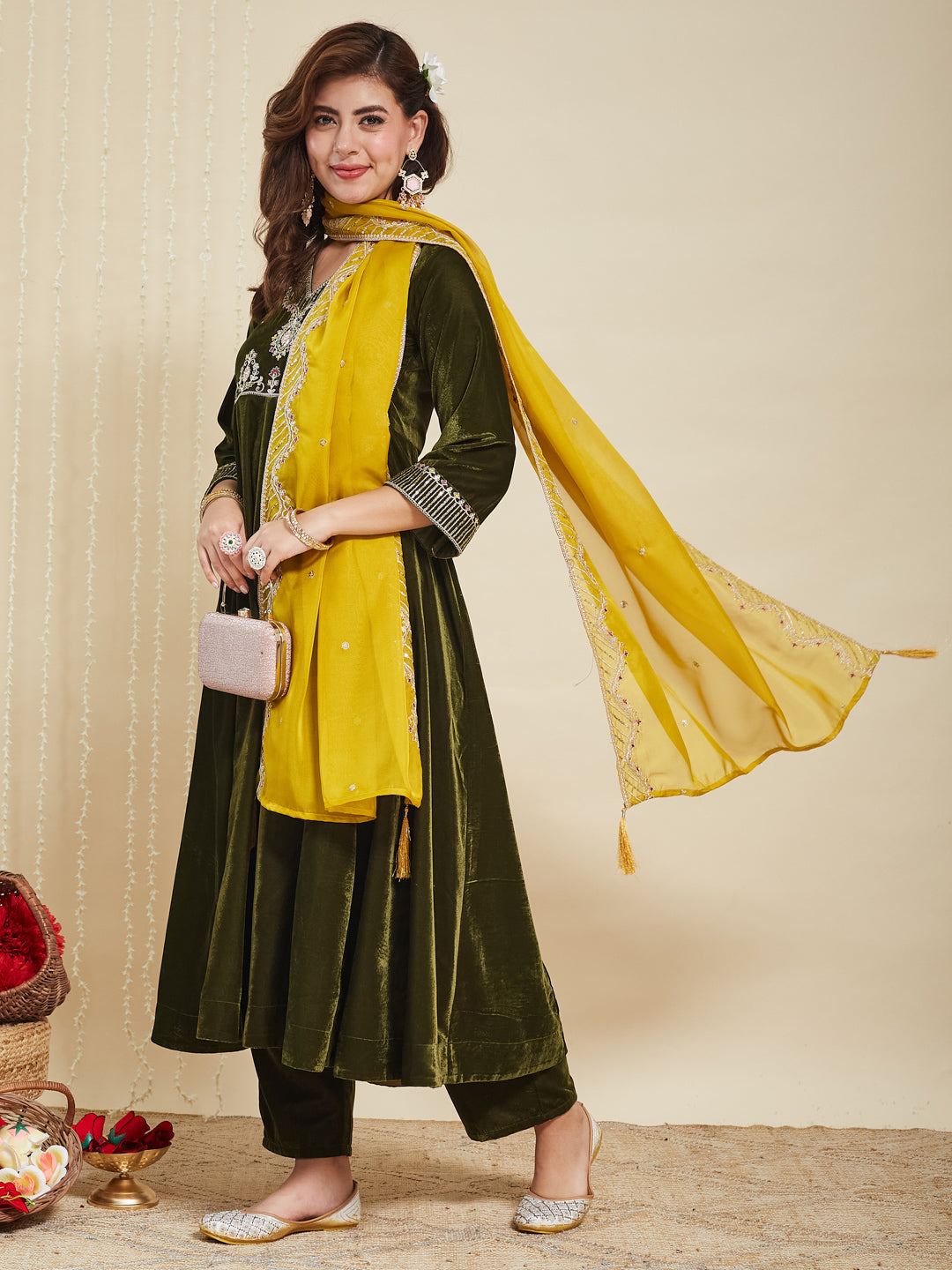 Olive Green Solid Velvet Anarkali Suit With Dupatta
