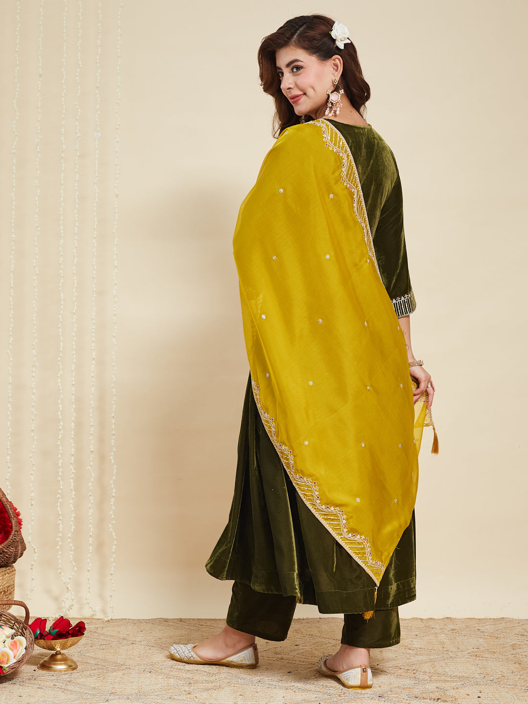 Olive Green Solid Velvet Anarkali Suit With Dupatta